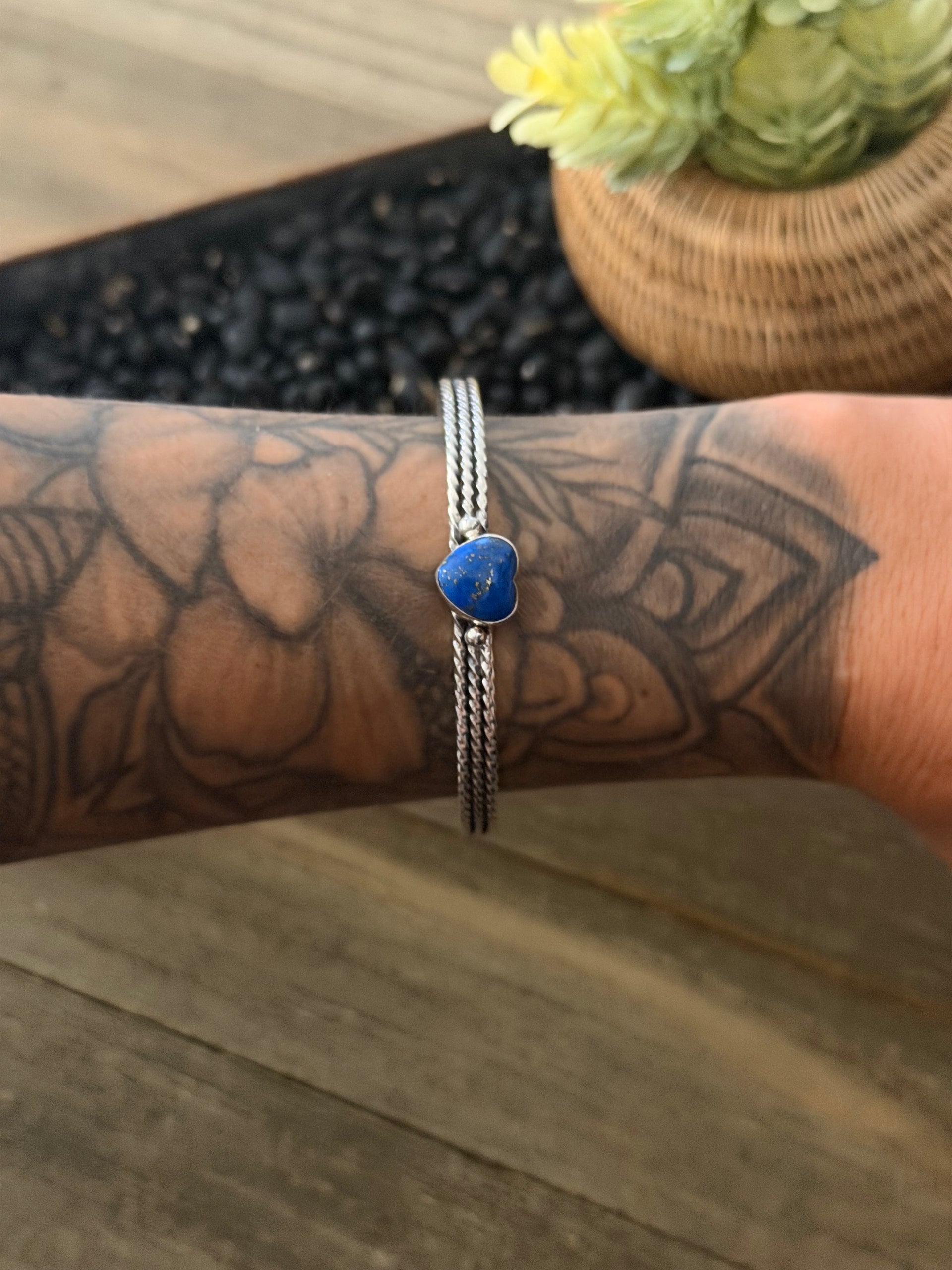 Duane Smith Lapis & Sterling Silver Heart Cuff Bracelet