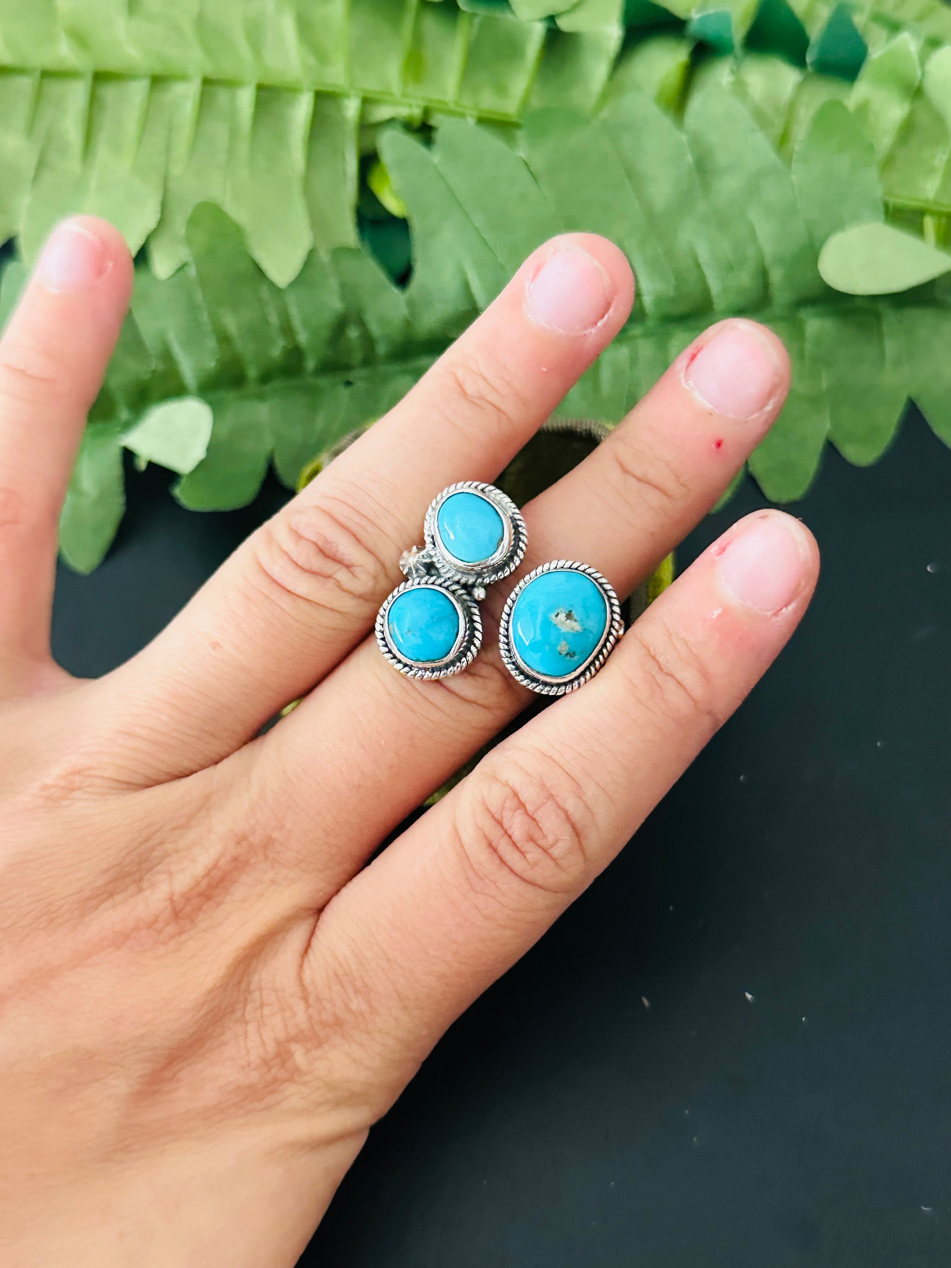 Navajo Made Kingman Turquoise & Sterling Silver Cluster Adjustable Ring