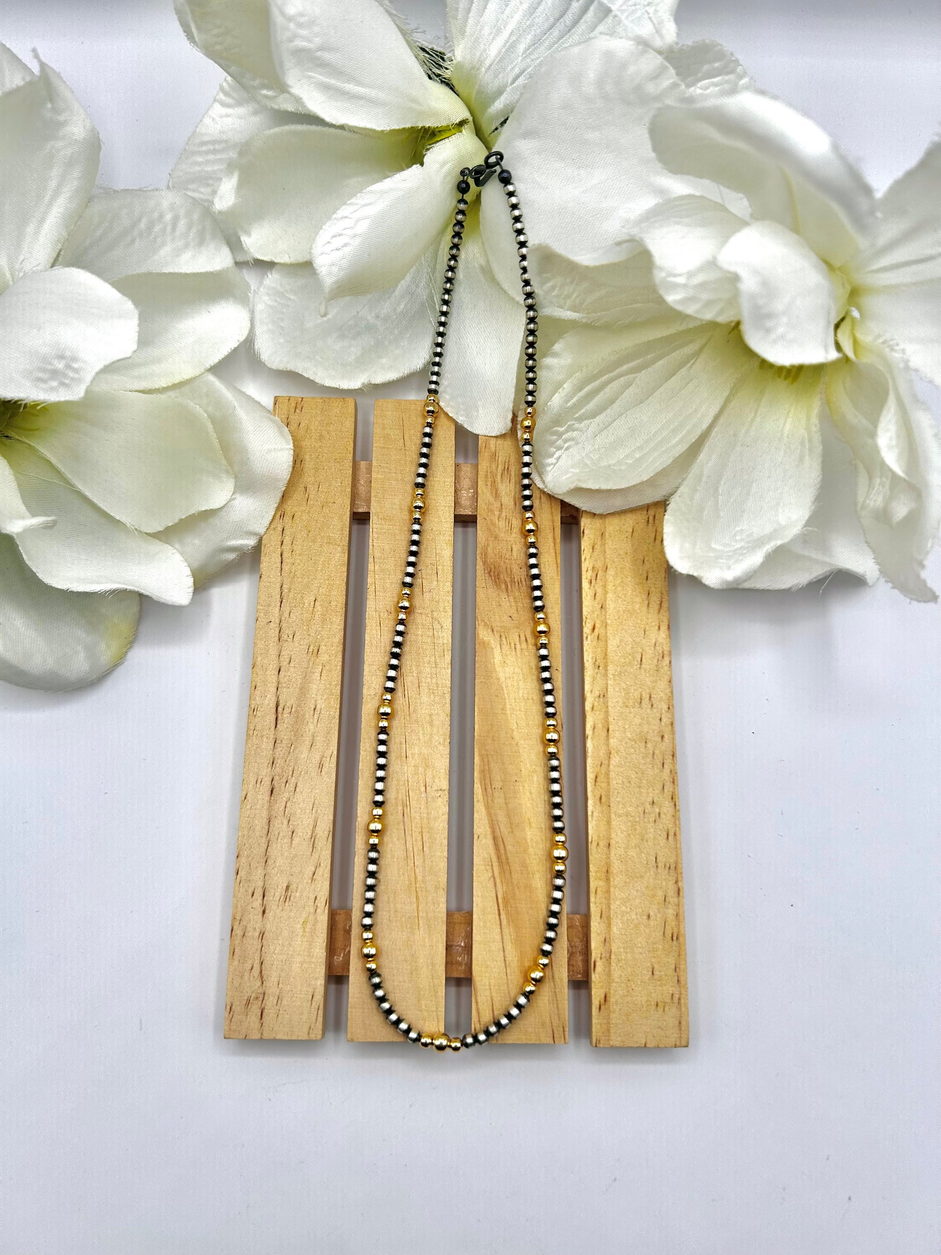 Navajo Made Strung 14K Gold Plated & Sterling Silved Necklace