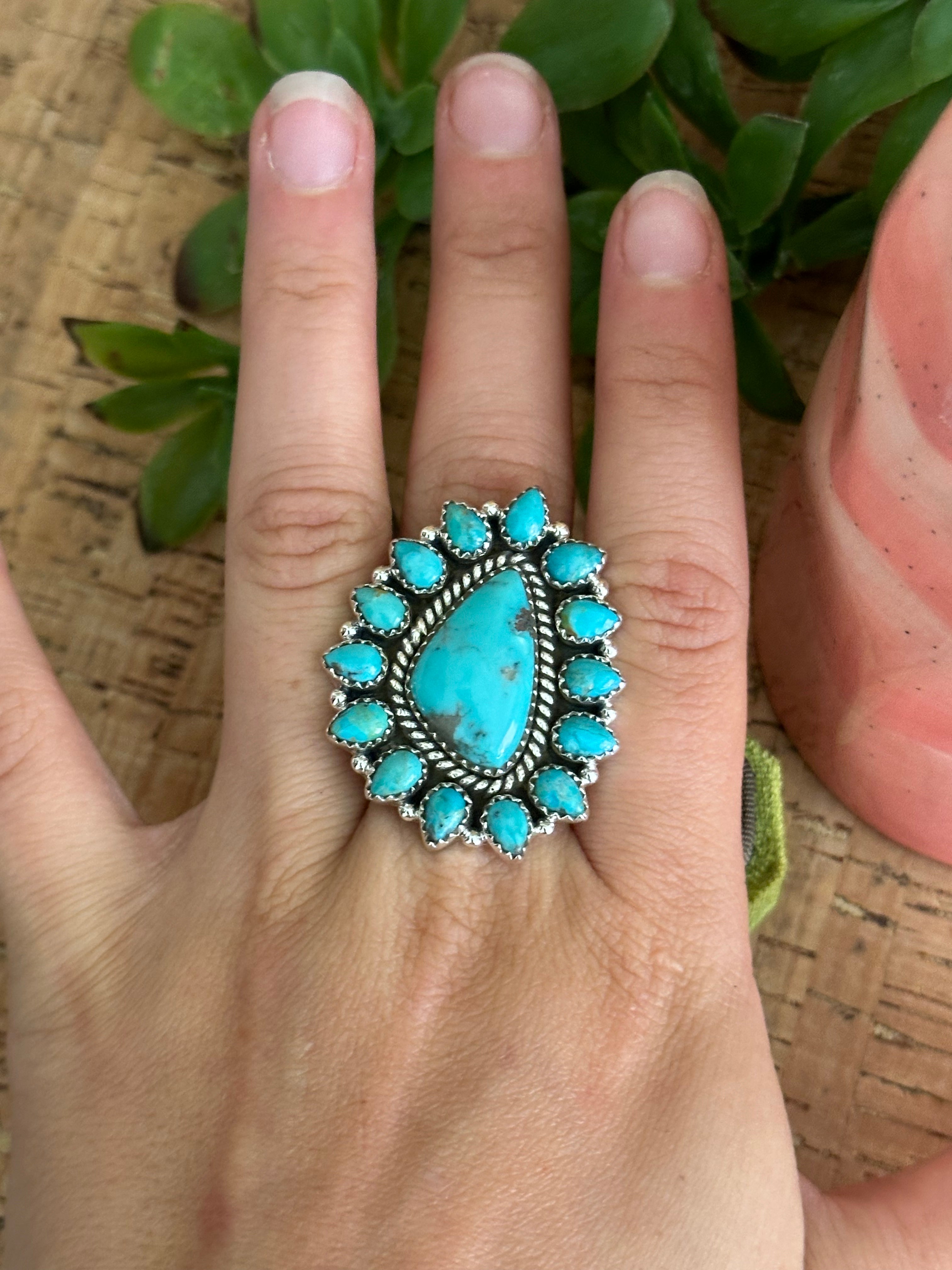 Southwest Handmade Kingman Turquoise & Sterling Silver Adjustable Cluster Ring