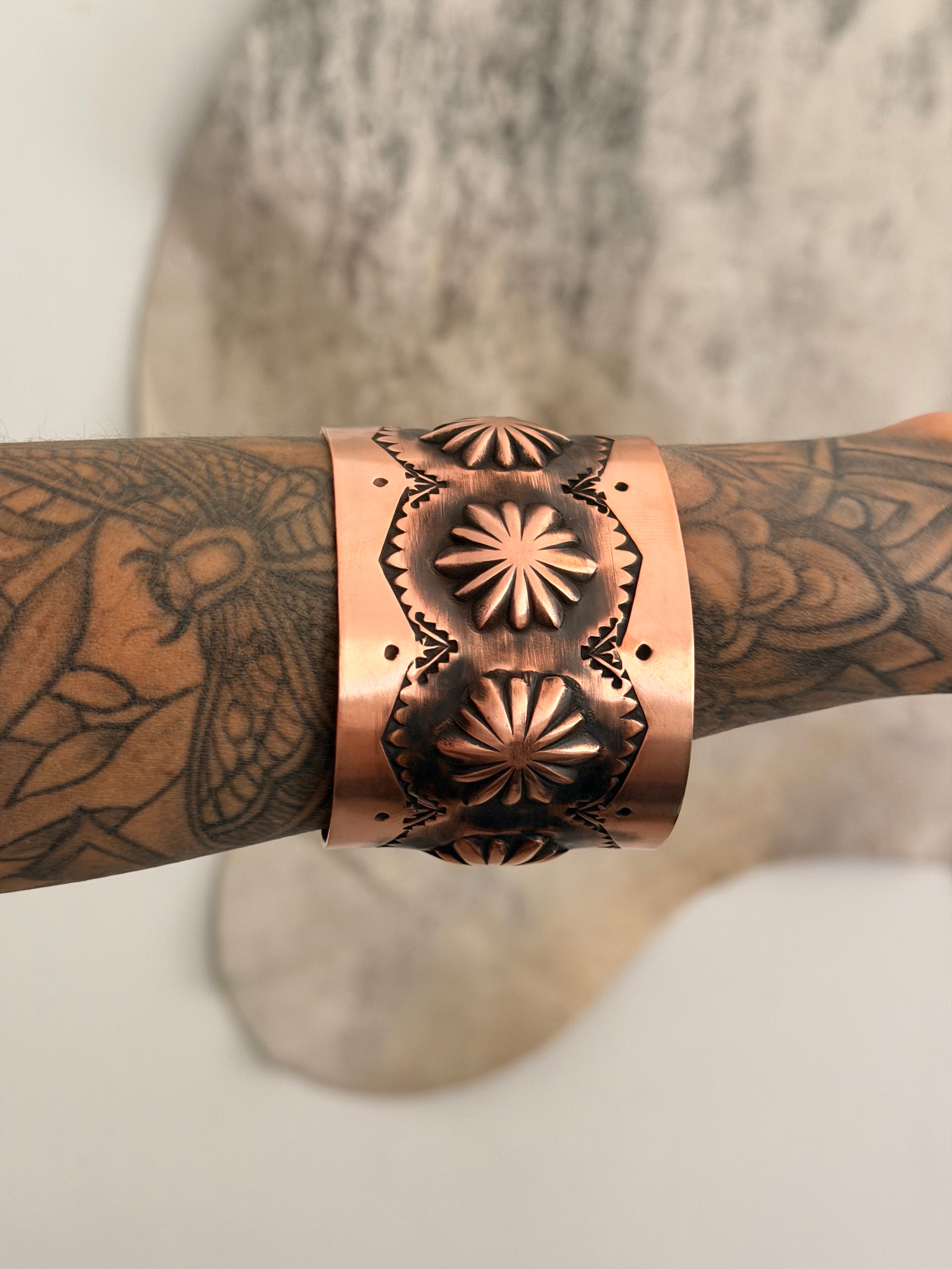 Elvira Bill Copper Stamped Concho Cuff Bracelet