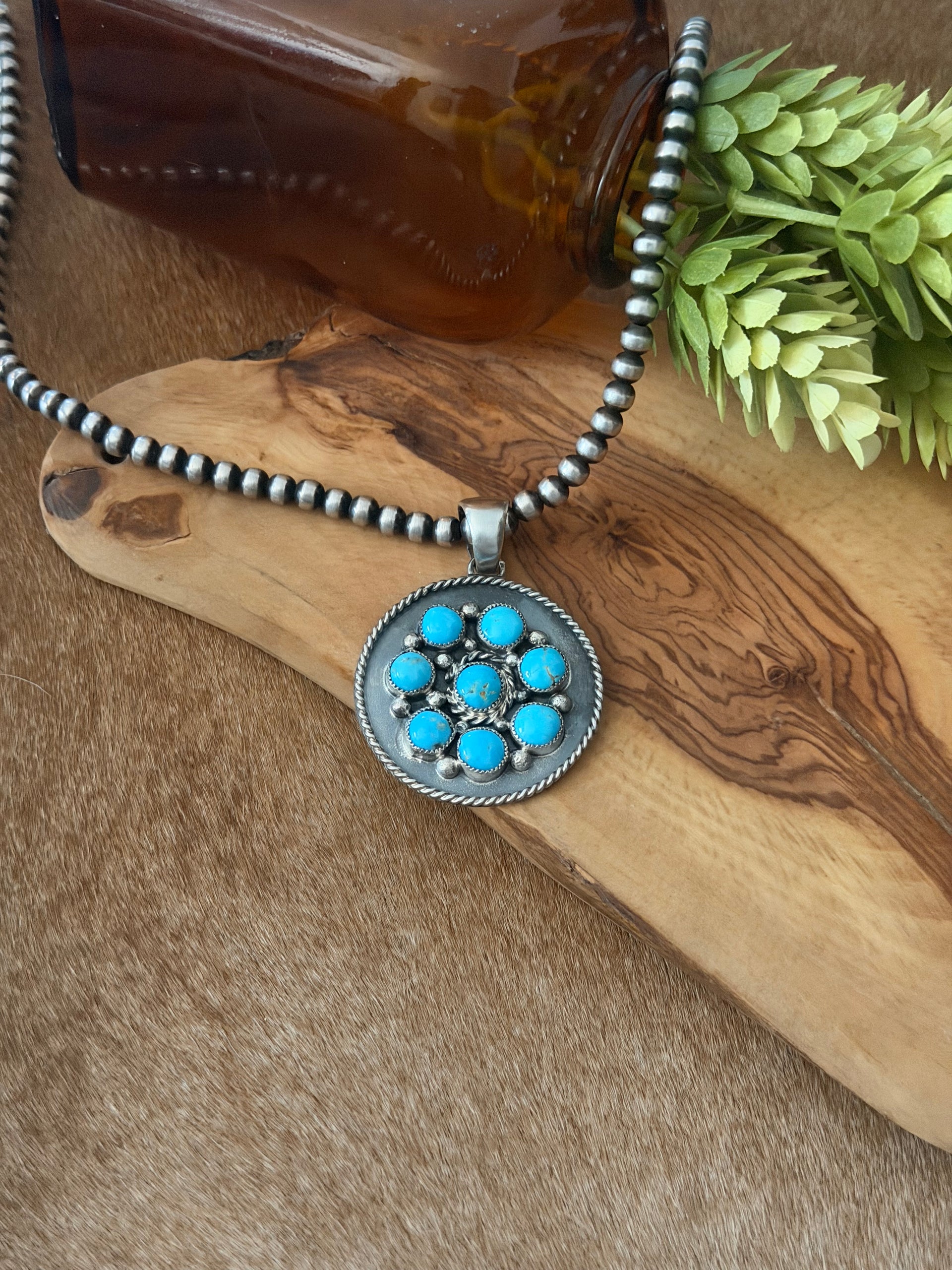Navajo Made Kingman Turquoise & Sterling Silver Cluster Pendant