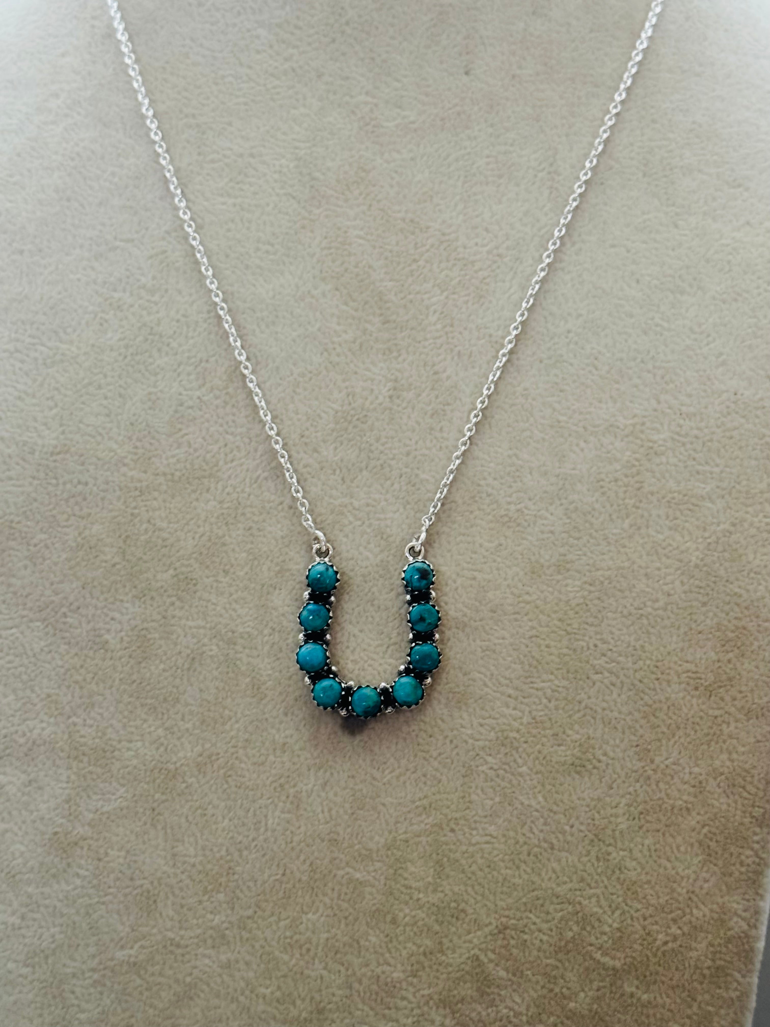 Southwest Made Kingman Turquoise & Sterling Silver Horse Shoe Necklace