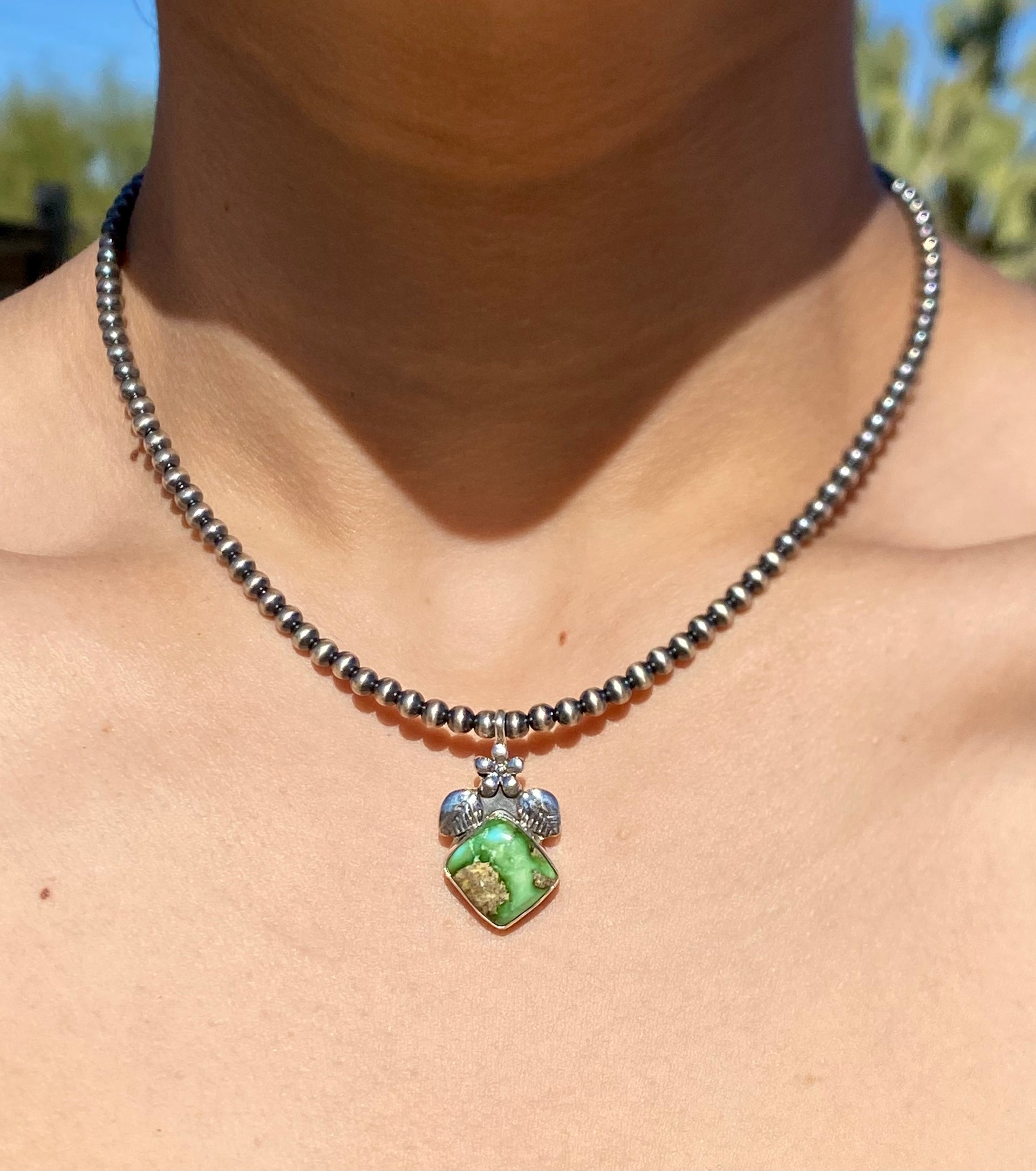 Southwest Handmade Sonoran Gold Turquoise & Sterling Silver 4mm Pearl Necklace Adjustable length Diamond Shape