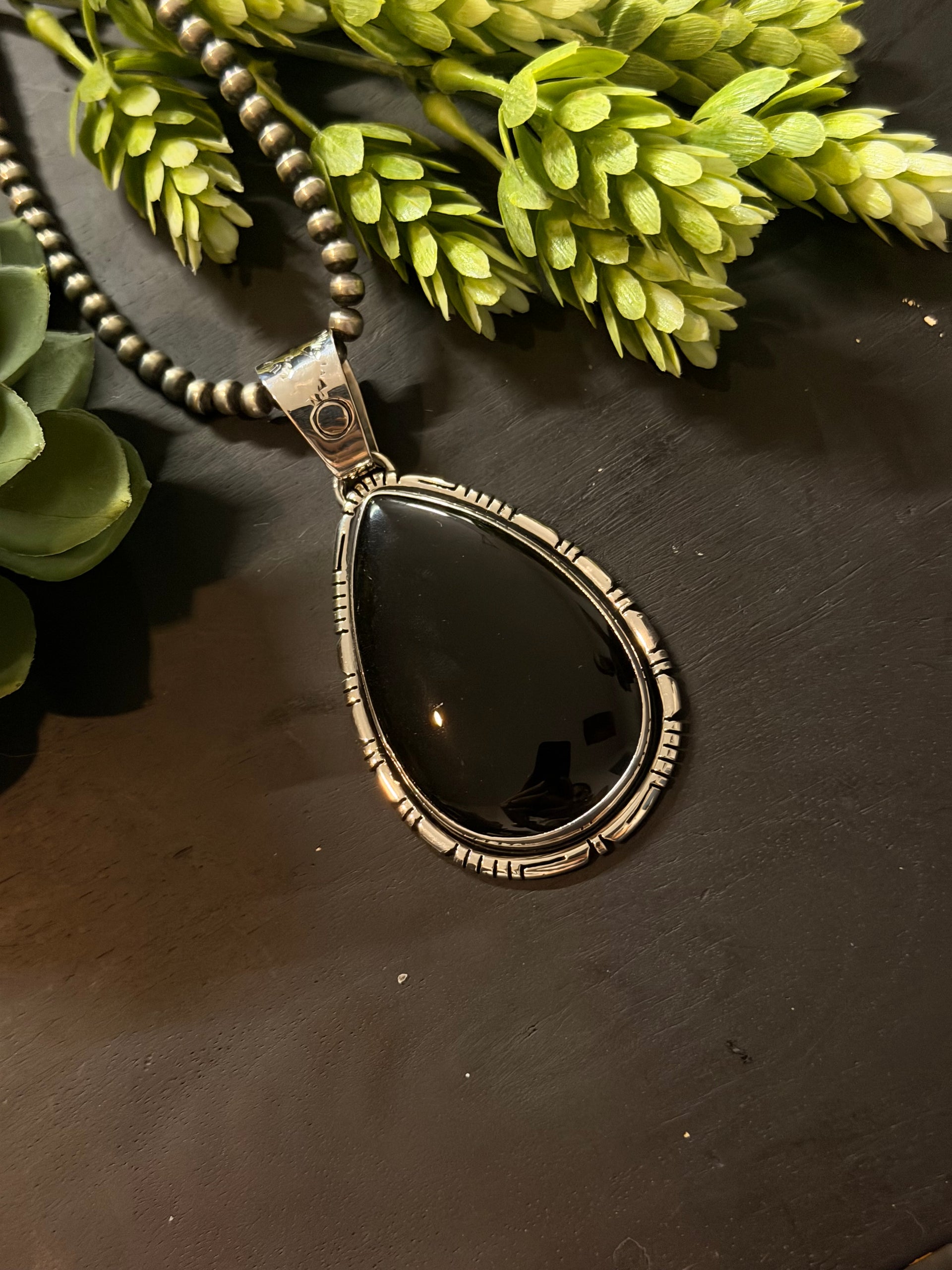 Navajo Made Onyx & Sterling Silver Pendant