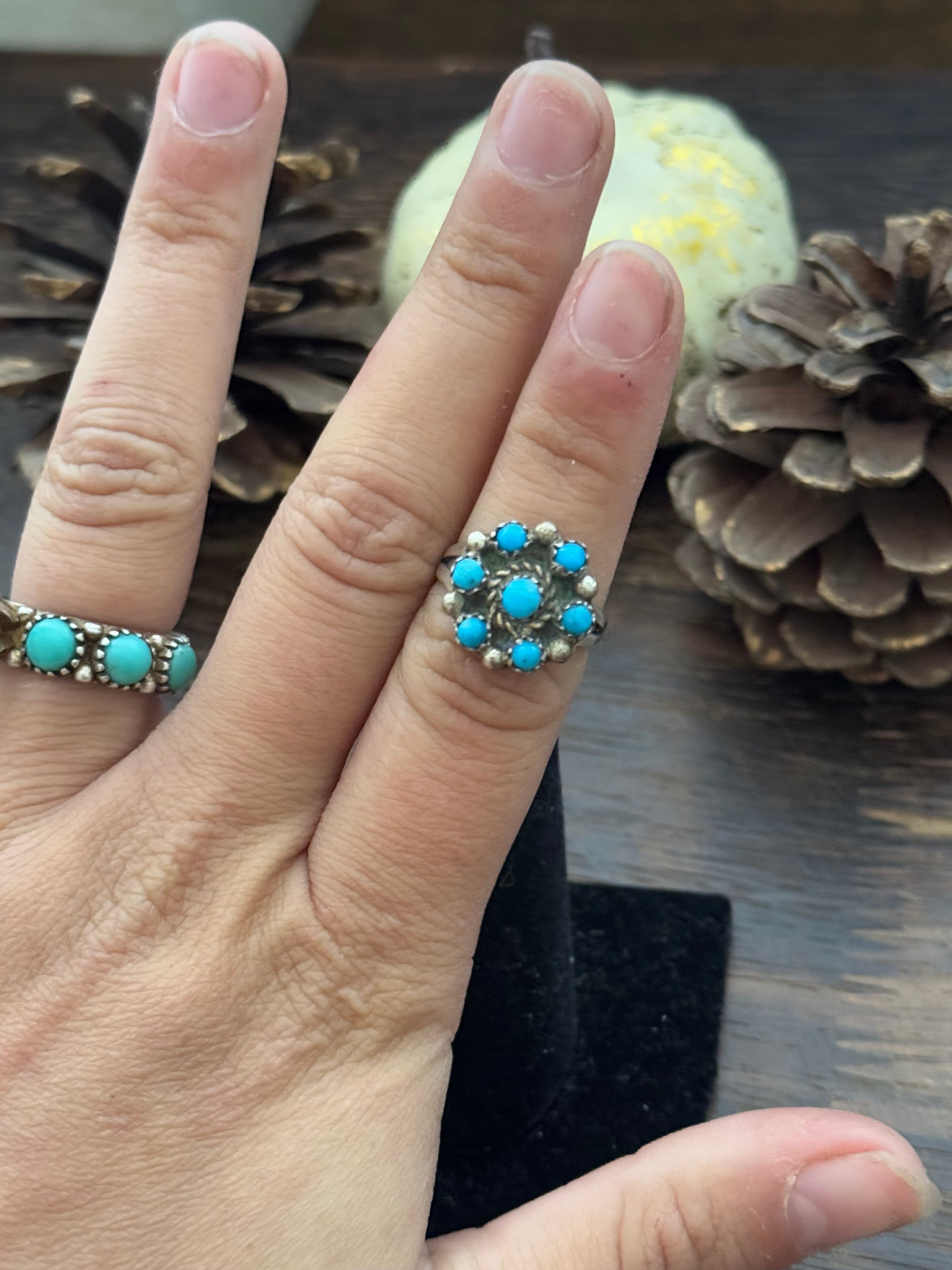 Vintage Zuni Made Kingman Turquoise & Sterling Silver Cluster Ring Size 5