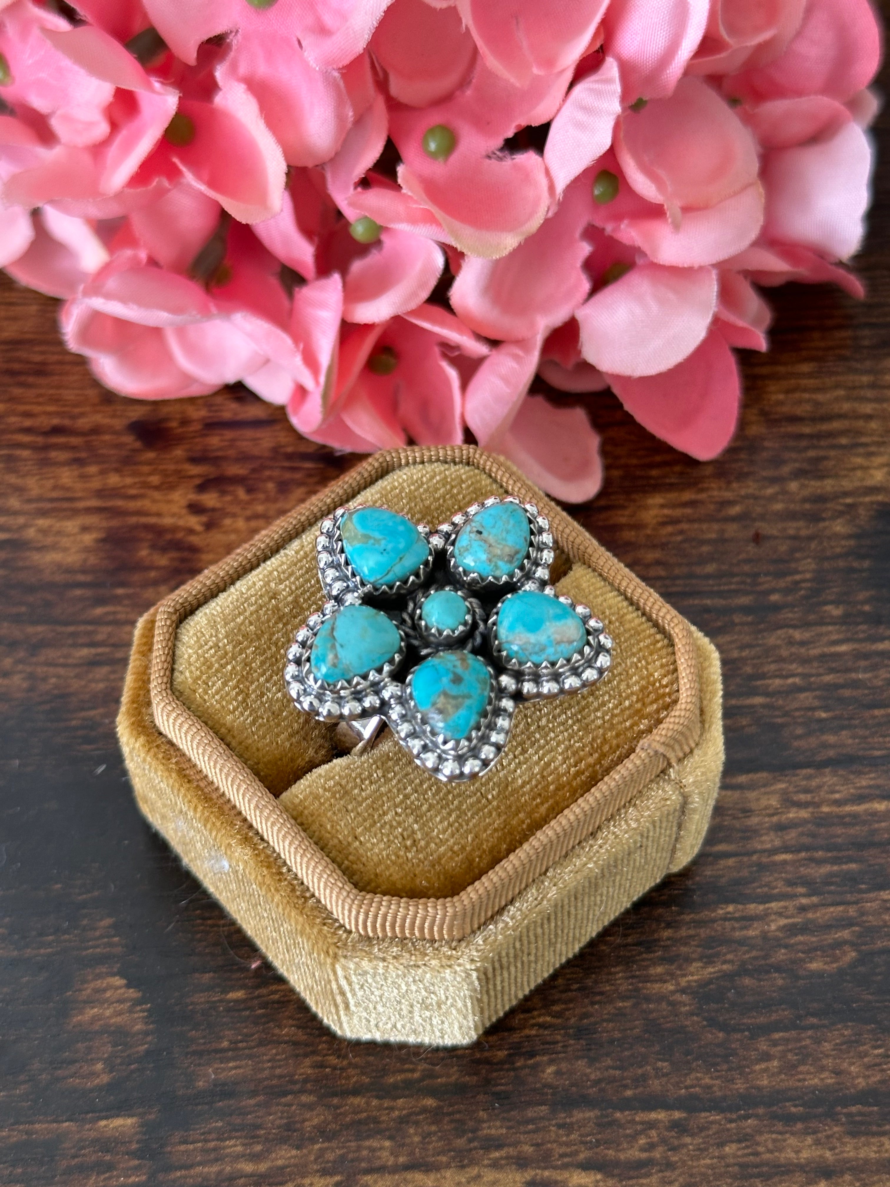 Southwest Handmade Kingman Turquoise & Sterling Silver Cluster Adjustable Ring