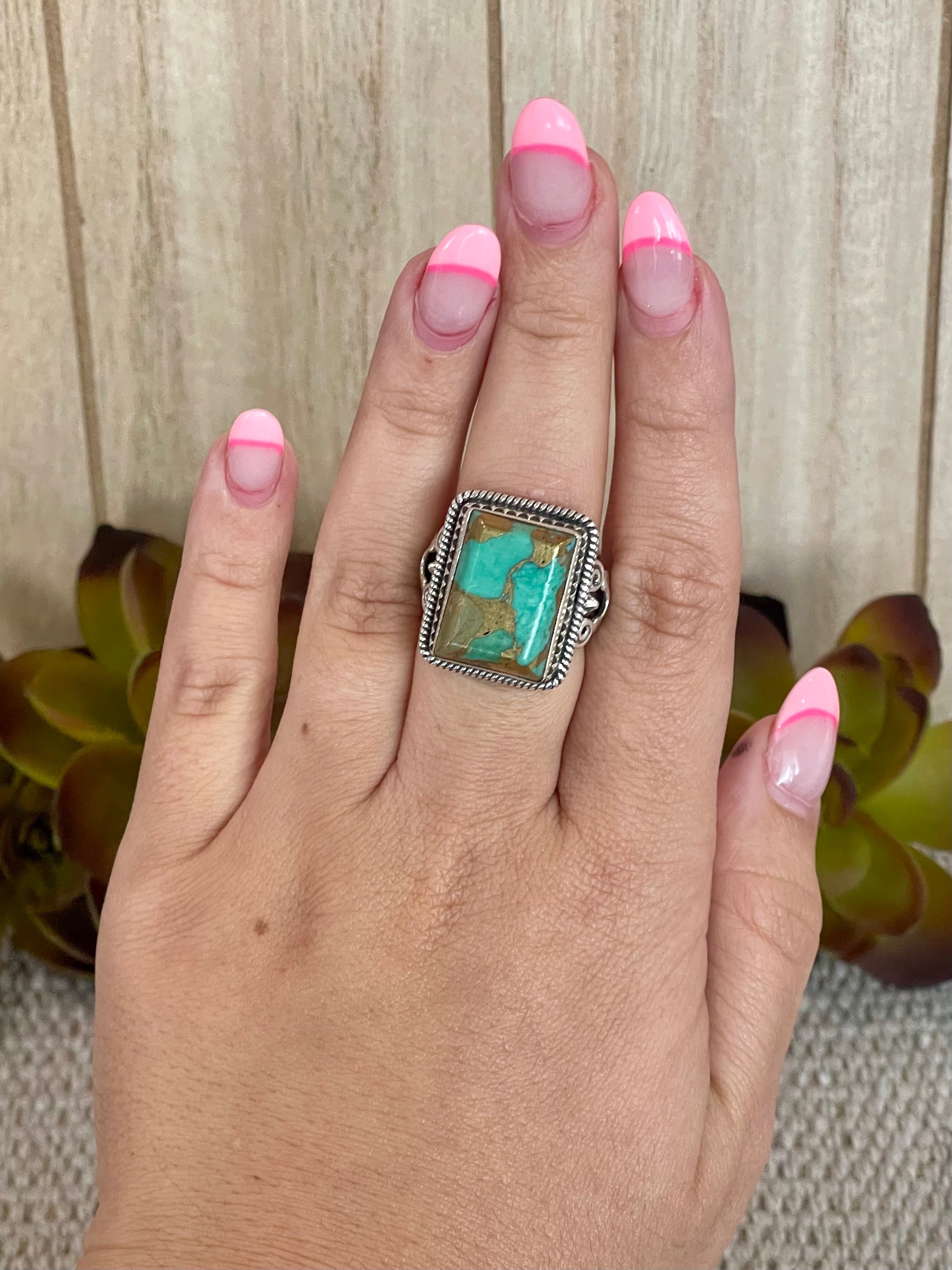 Southwest Handmade Kingman Turquoise & Sterling Silver Size 6.5 Square Ring