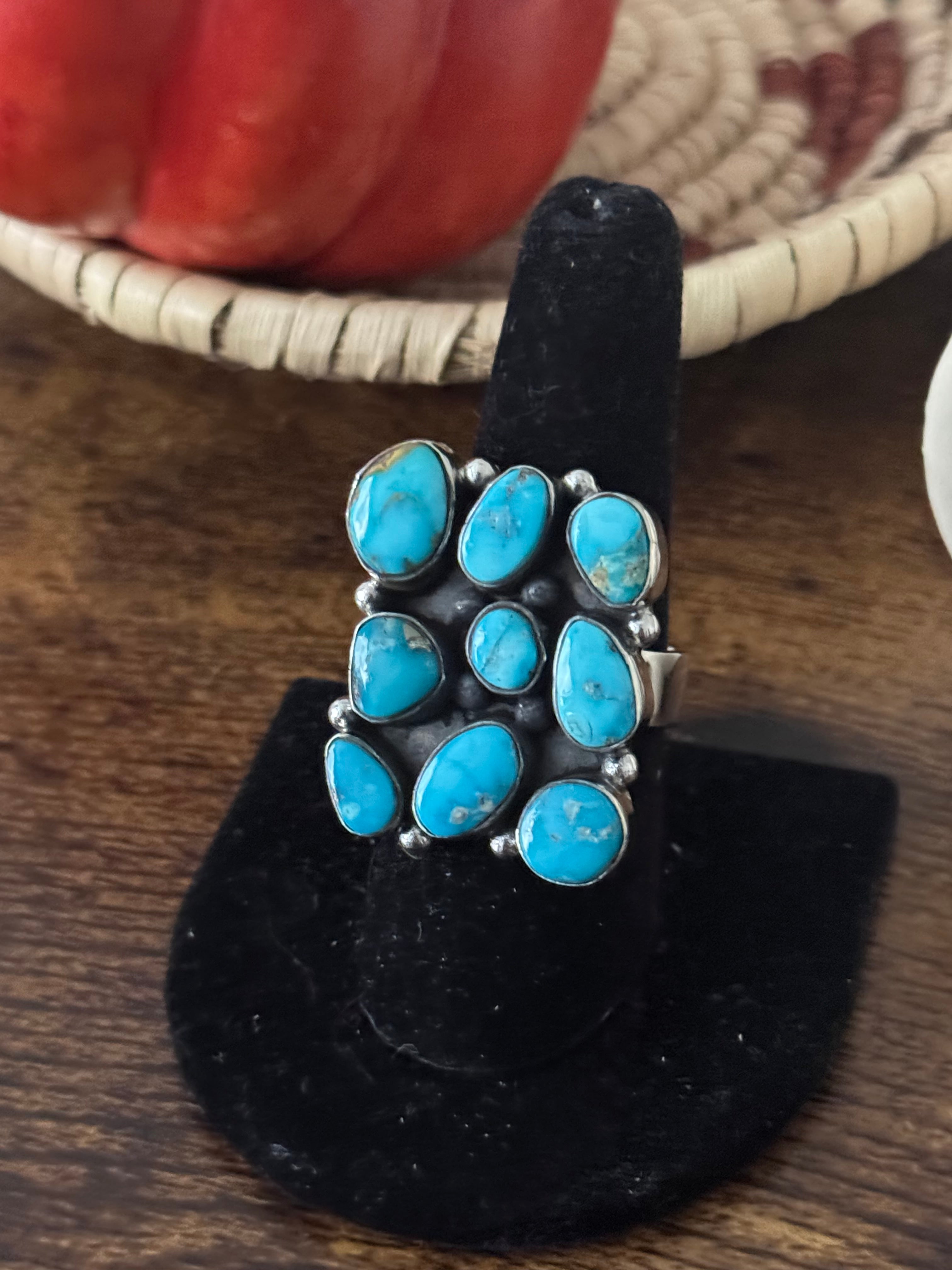 Southwest Handmade Valley Blue Turquoise & Sterling Silver Adjustable Cluster Ring