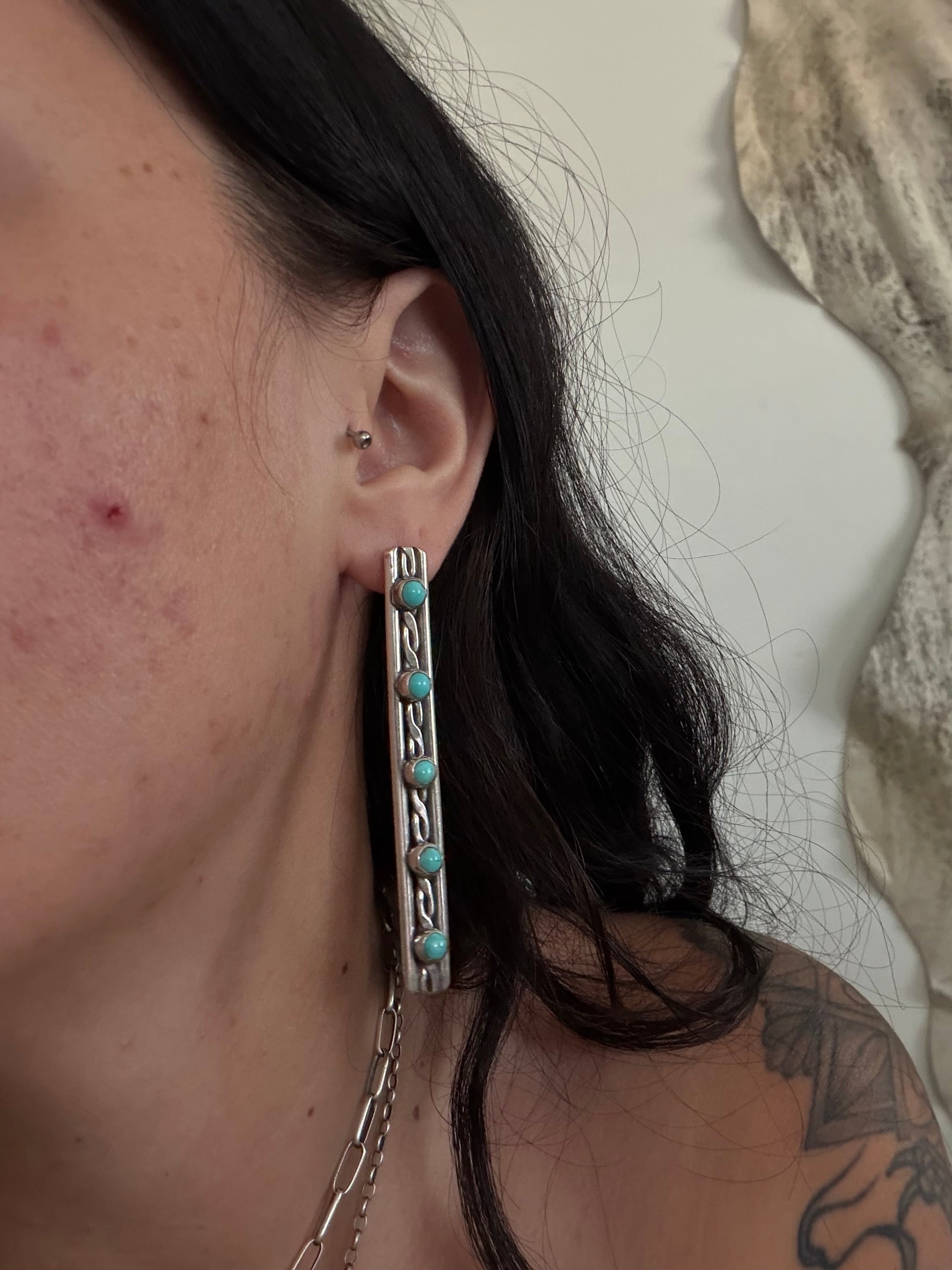 Navajo Made Kingman Turquoise & Sterling Silver Post Dangle Earrings