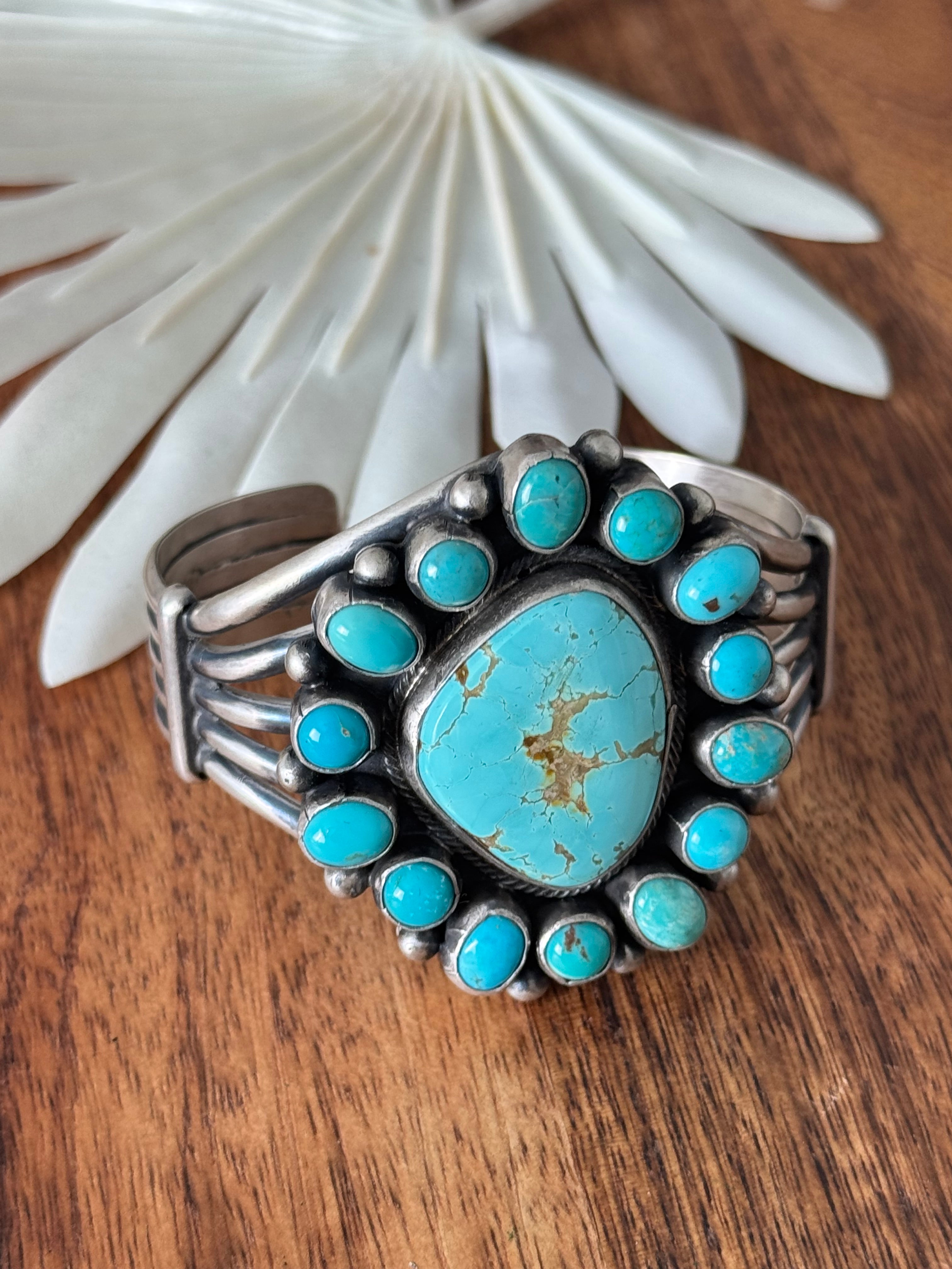 Bobby Johnson Kingman Turquoise & Sterling Silver Cluster Cuff Bracelet