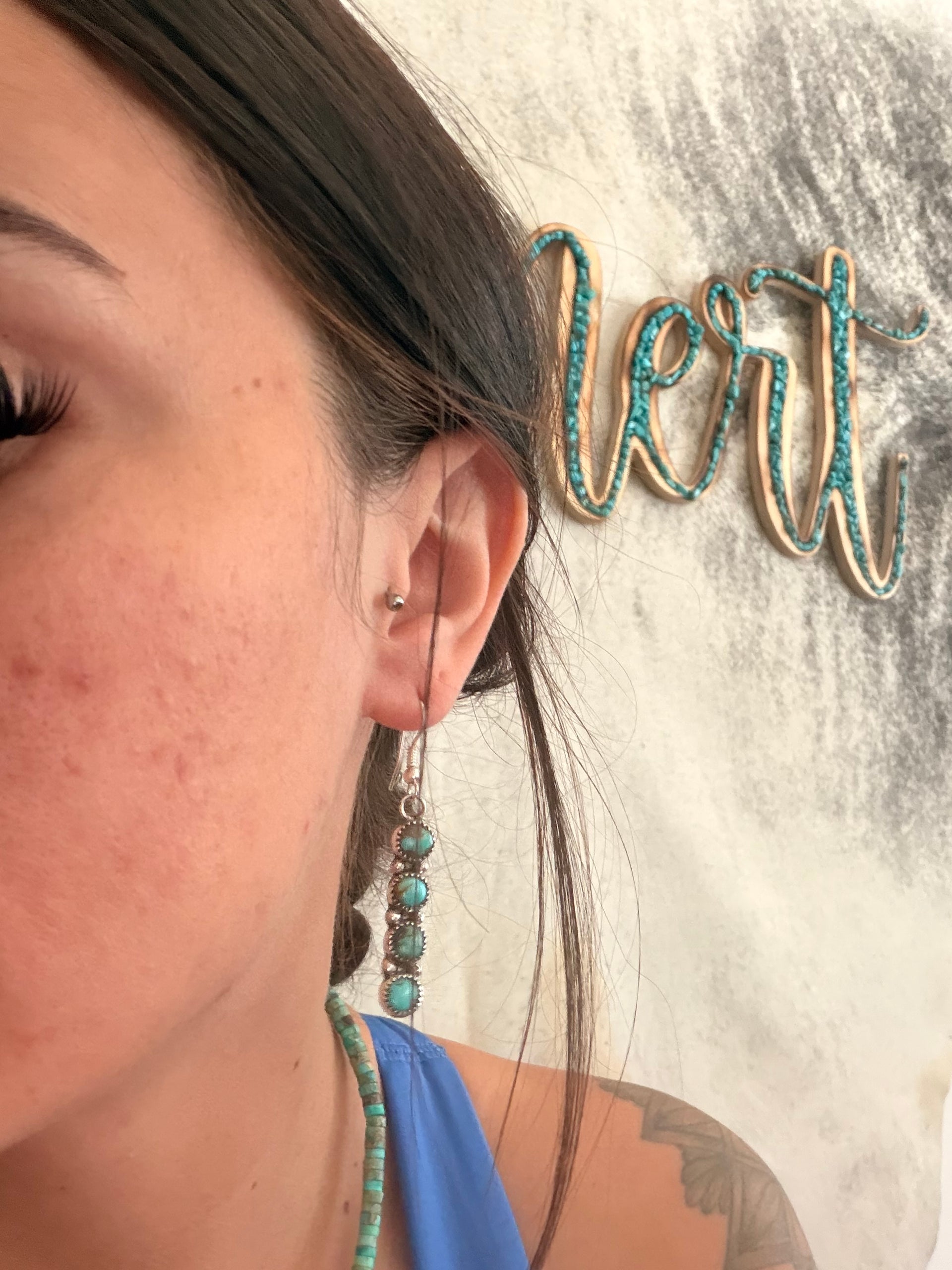 Navajo Made Kingman Turquoise & Sterling Silver Cluster Dangle Earrings