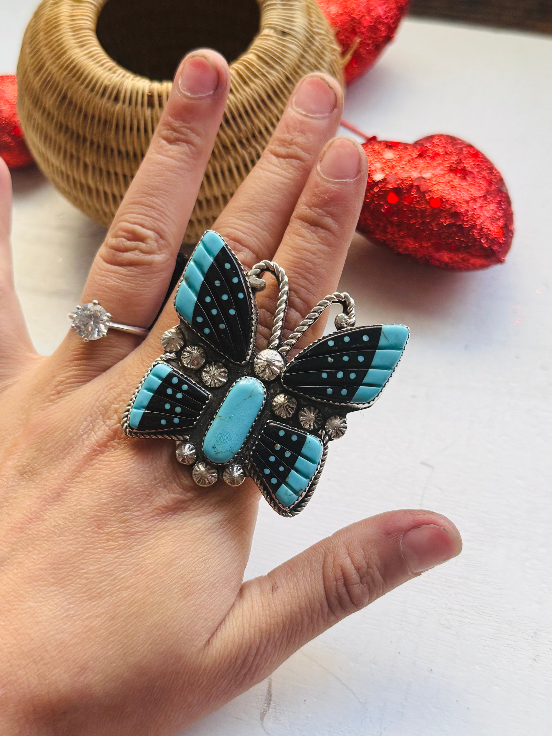 Navajo Made Multi Stone & Sterling Silver Inlay Butterfly Ring Size 8.25