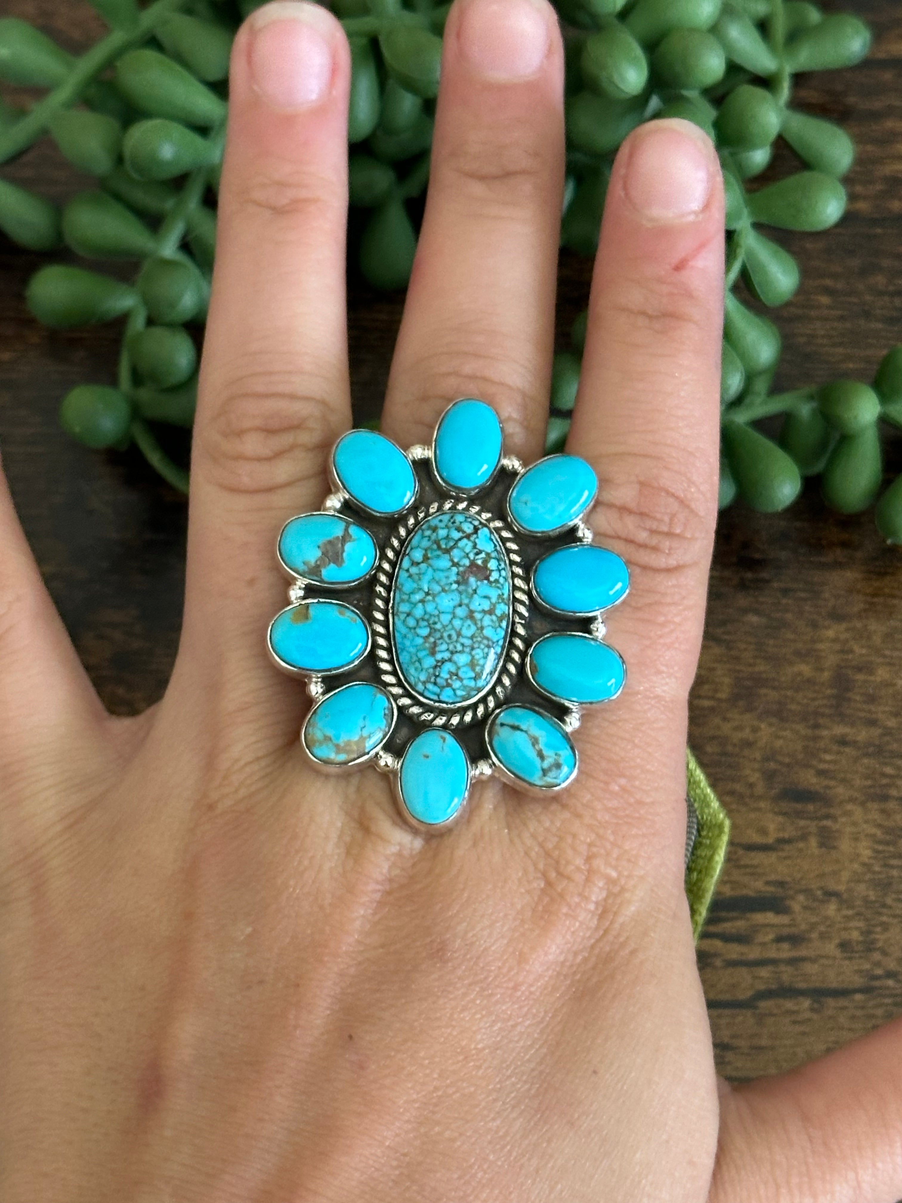 Southwest Handmade Kingman Turquoise & Sterling Silver Adjustable Cluster Ring