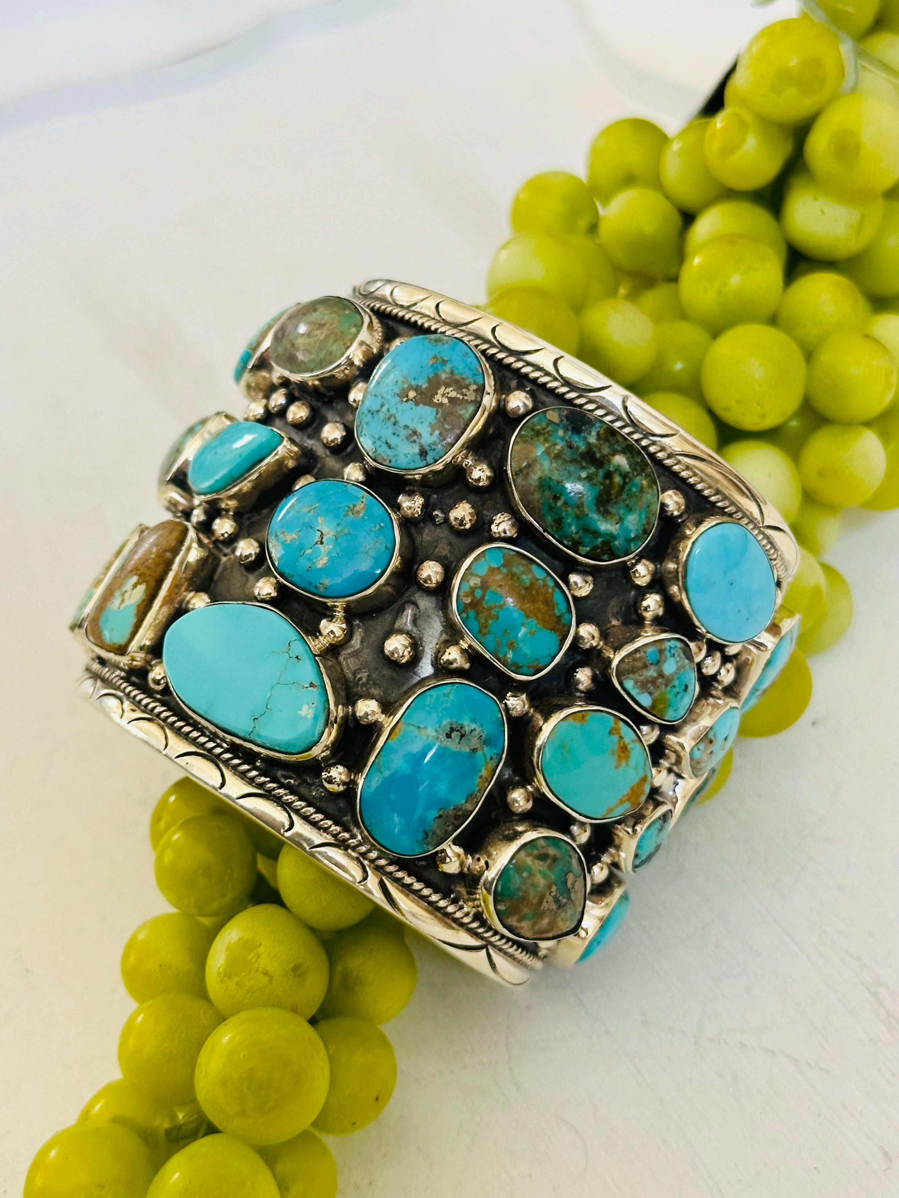 Ted Vacit Kingman Turquoise & Sterling Silver Cluster Cuff Bracelet