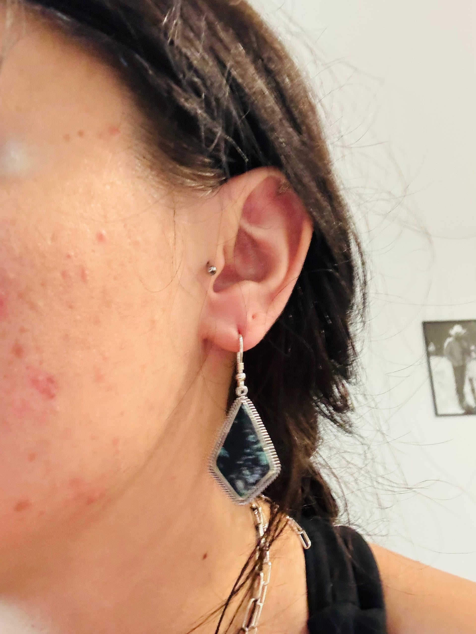 Southwest Handmade Black Jack Turquoise & Sterling Silver Dangle Earrings