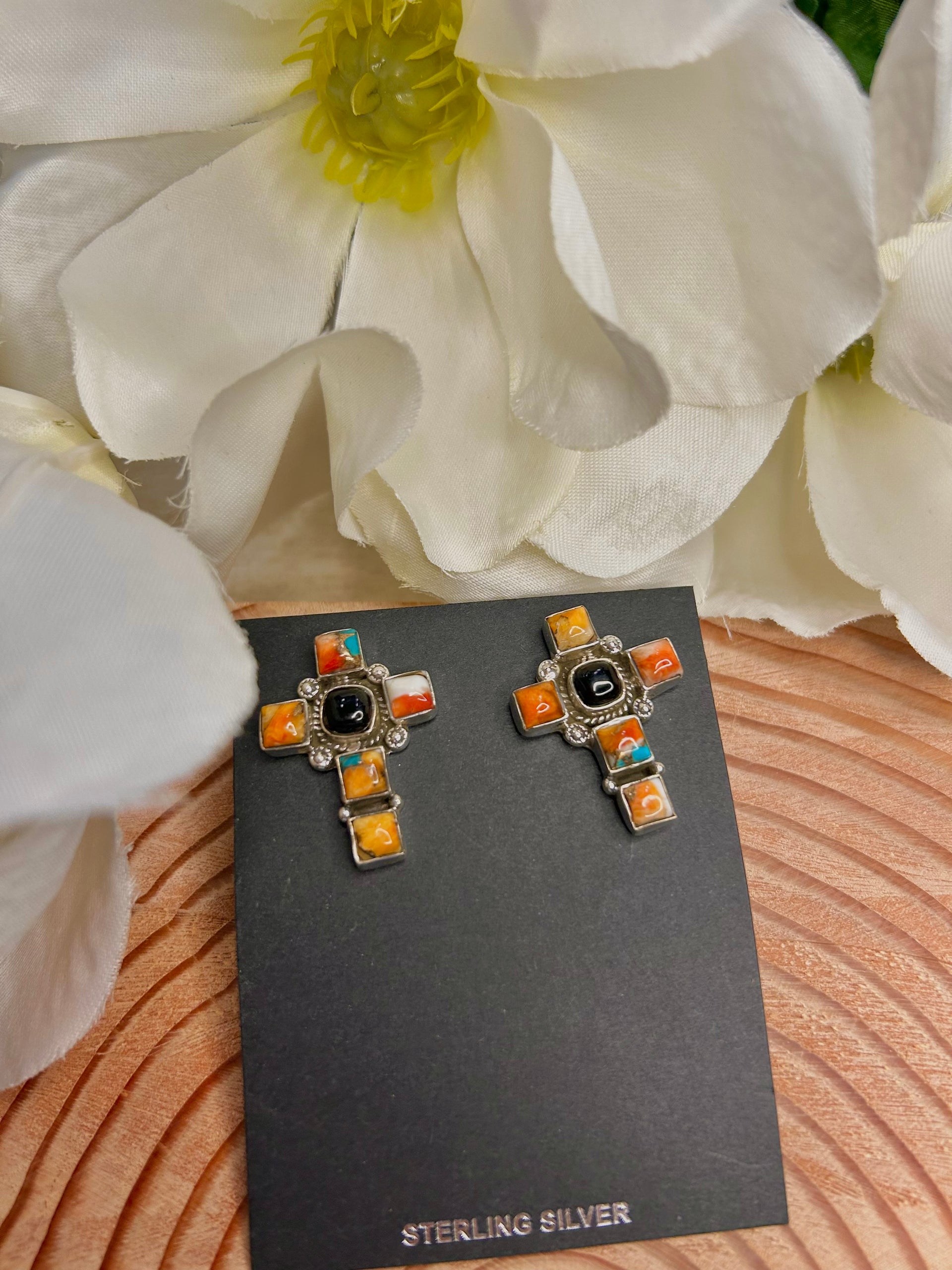 Southwest Made Multi Stone  & Sterling Silver Post Cross Earrings
