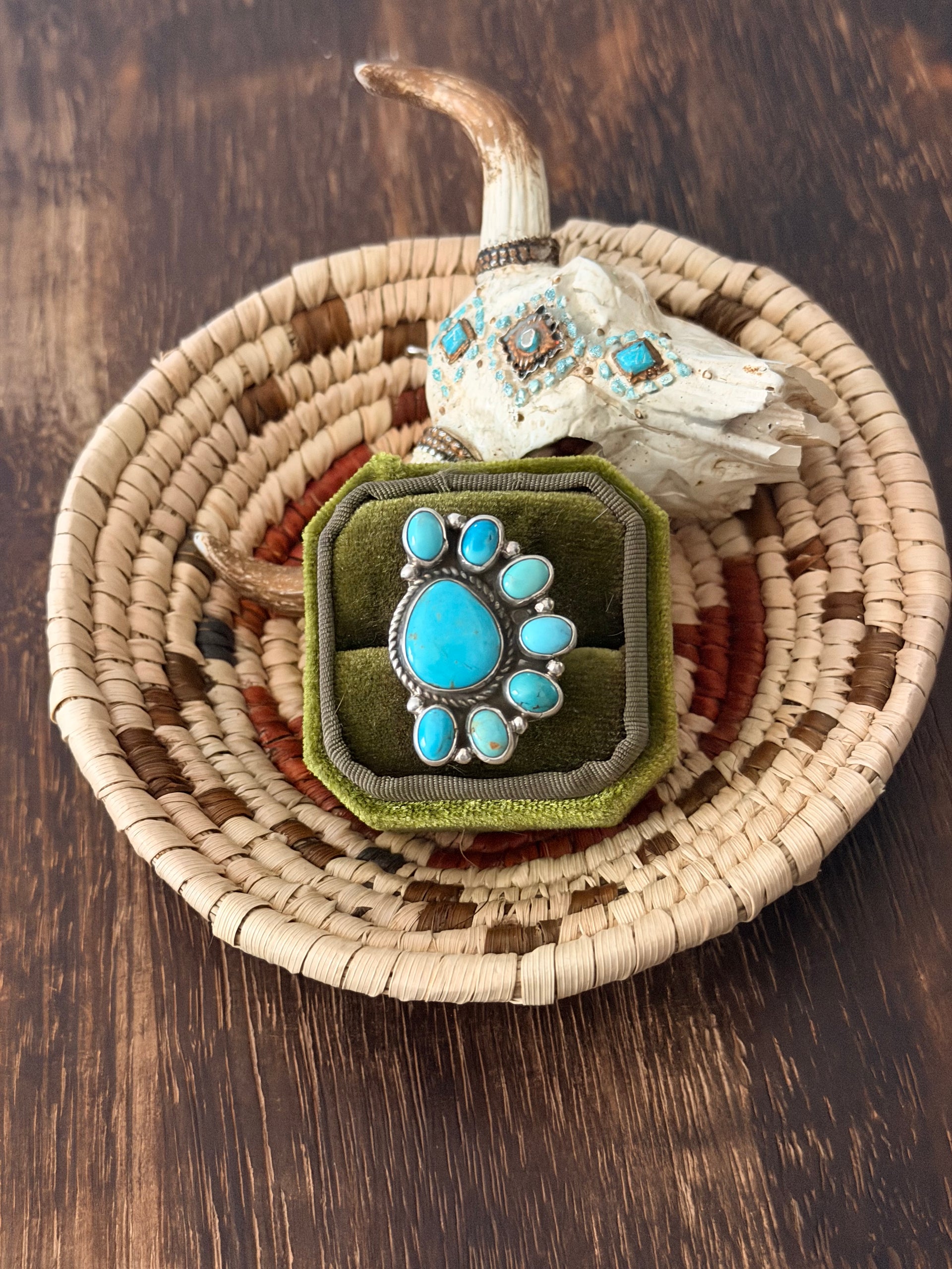 Geraldine James Kingman Turquoise & Sterling Silver Cluster Adjustable Ring