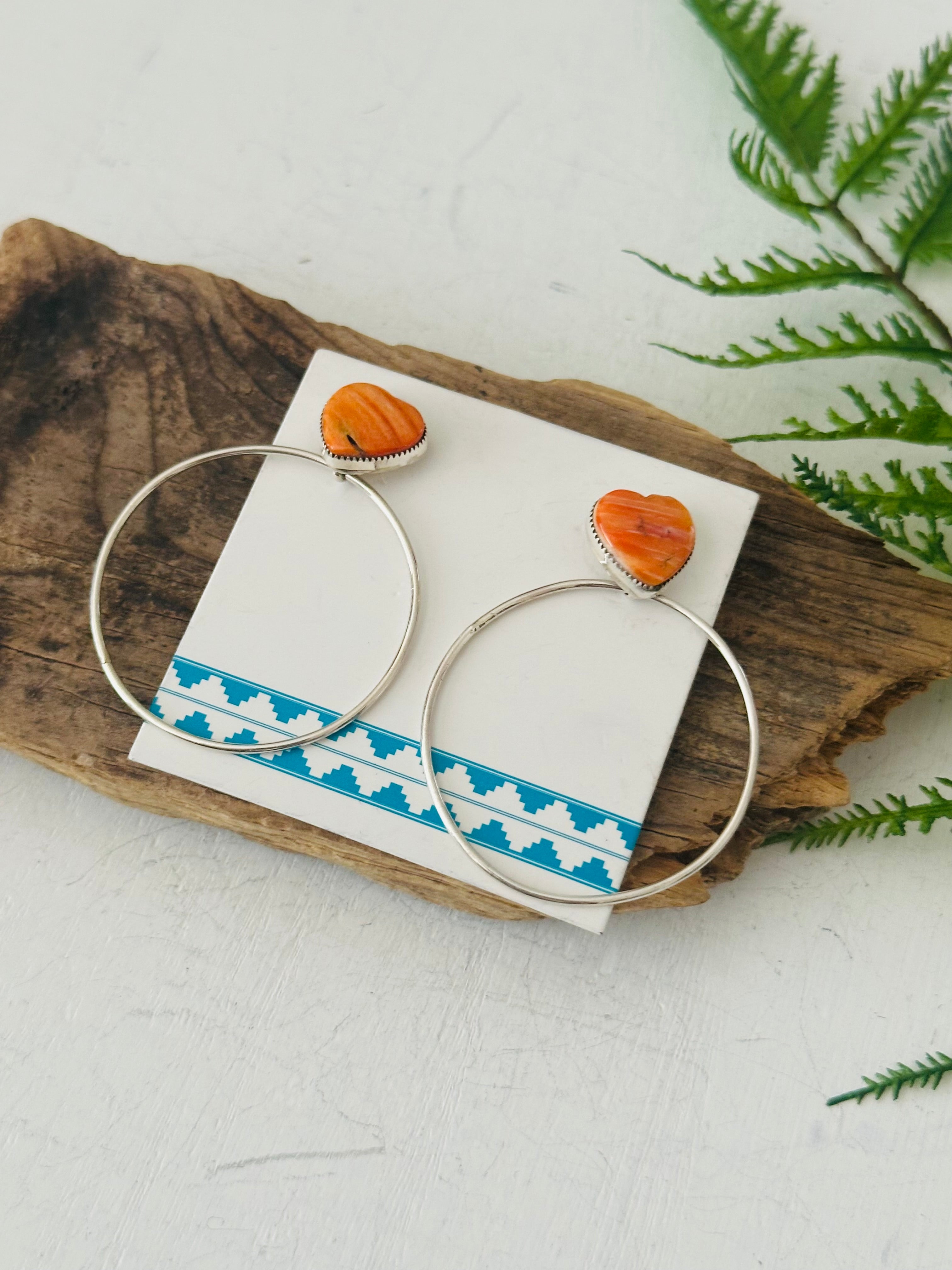 Navajo Made Spiny Oyster & Sterling Silver Post Dangle Heart Earrings