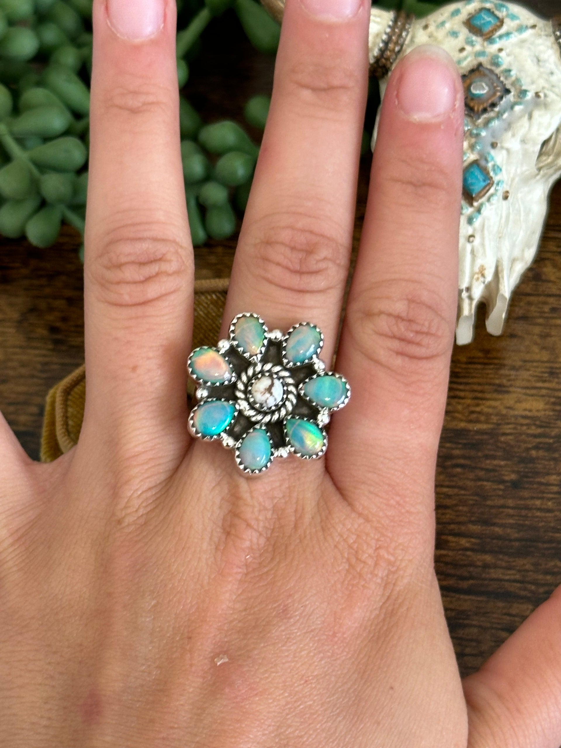 Southwest Handmade Multi Stone & Sterling Silver Adjustable Cluster Ring