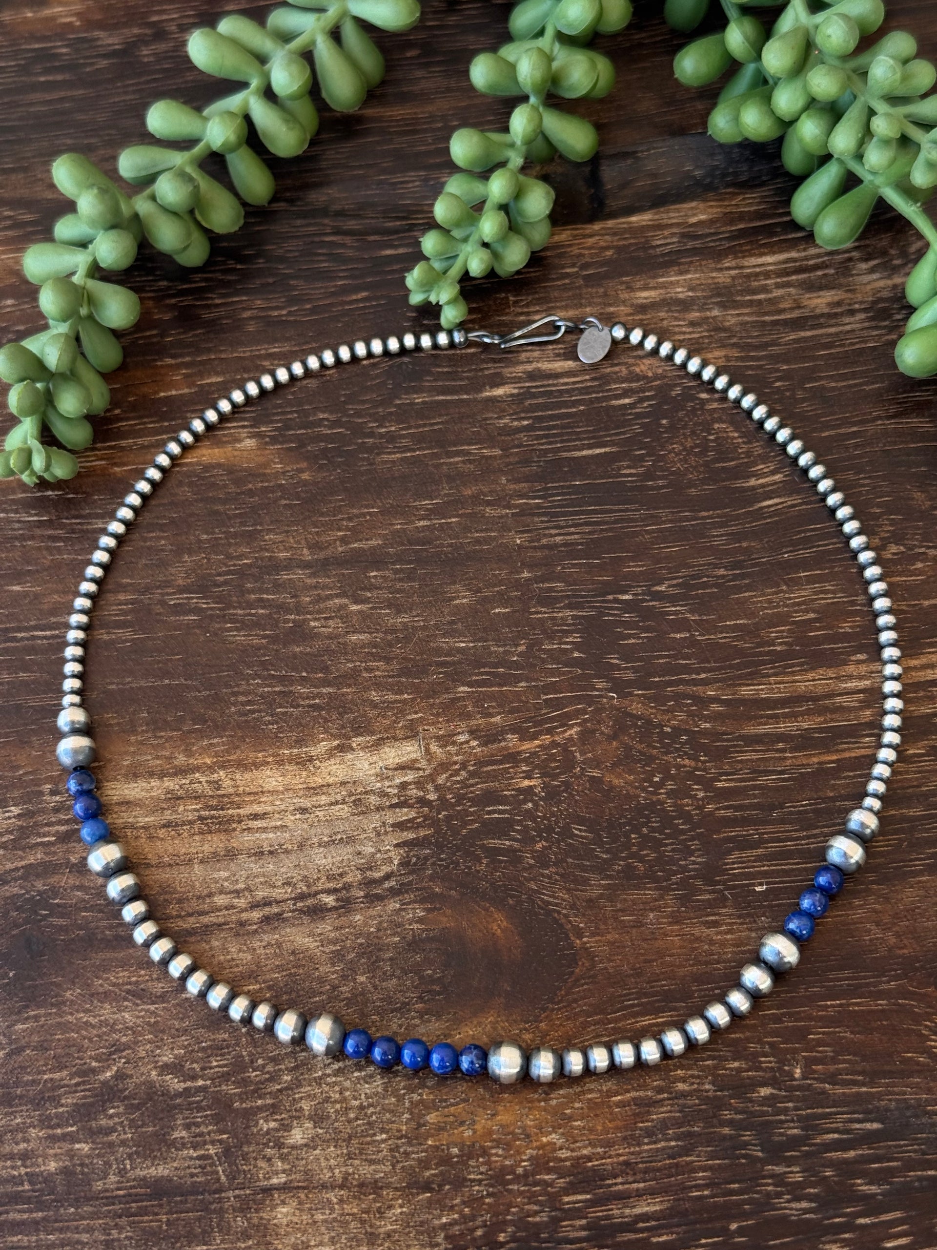 Navajo Strung Lapis & Sterling Silver Graduated Pearl Necklace