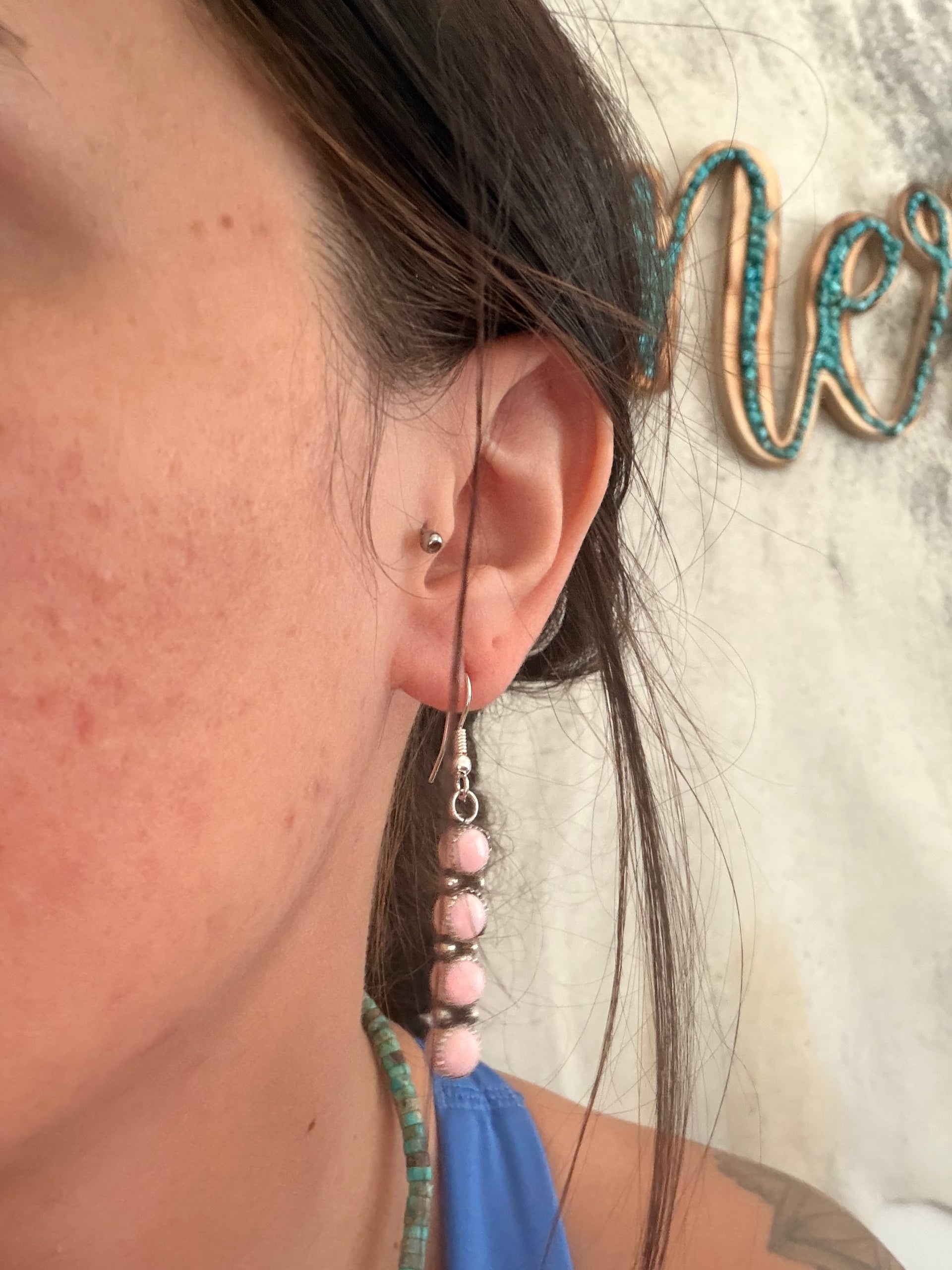 Navajo Made Pink Conch & Sterling Silver Cluster Dangle Earrings