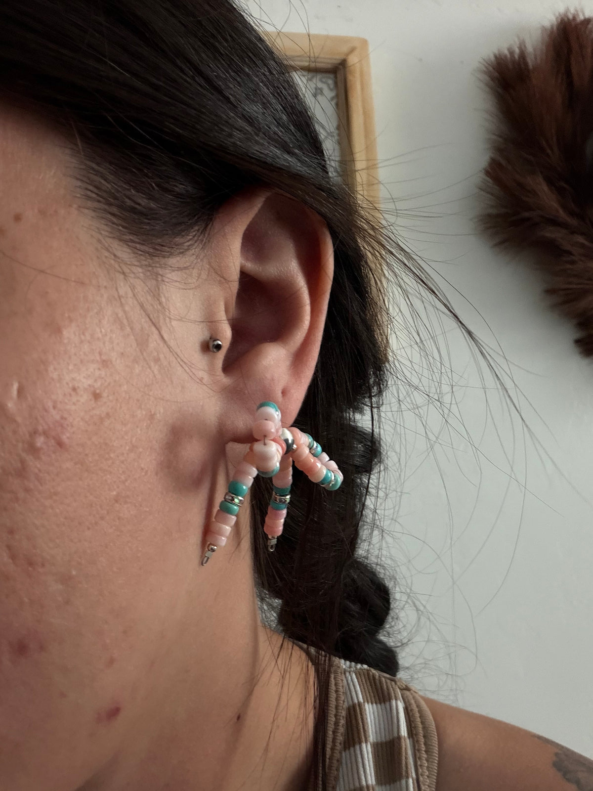 Navajo Strung Multi Stone & Sterling Silver Beaded Post Bow Earrings