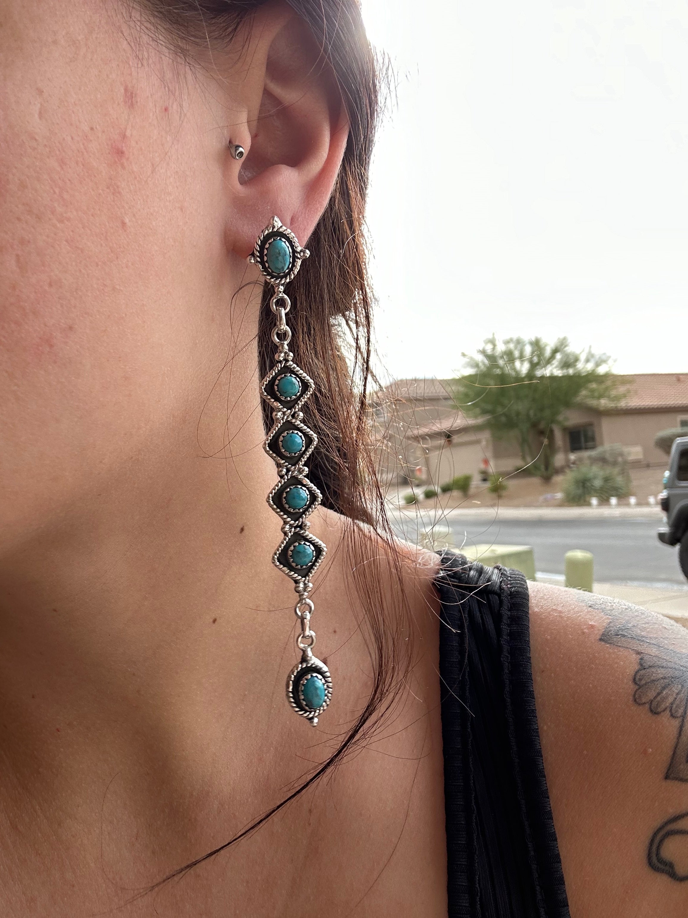 Southwest Handmade Kingman Turquoise & Sterling Silver Post Dangle Cluster Earrings