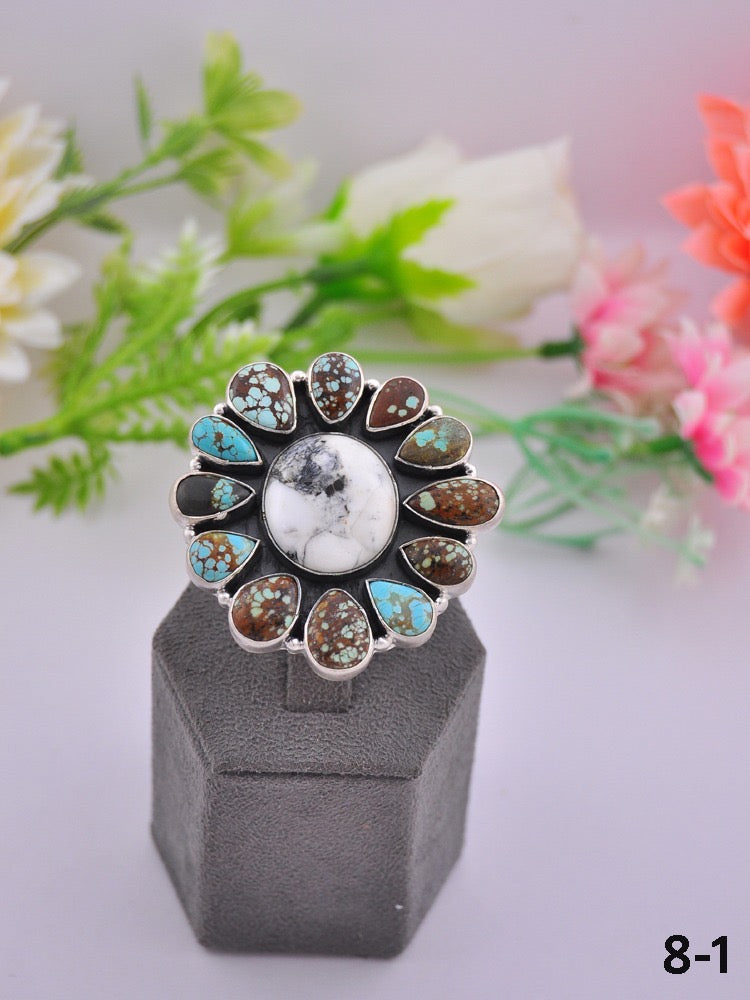 Southwest Made Multi Stone & Sterling Sliver Cluster Adjustable Ring