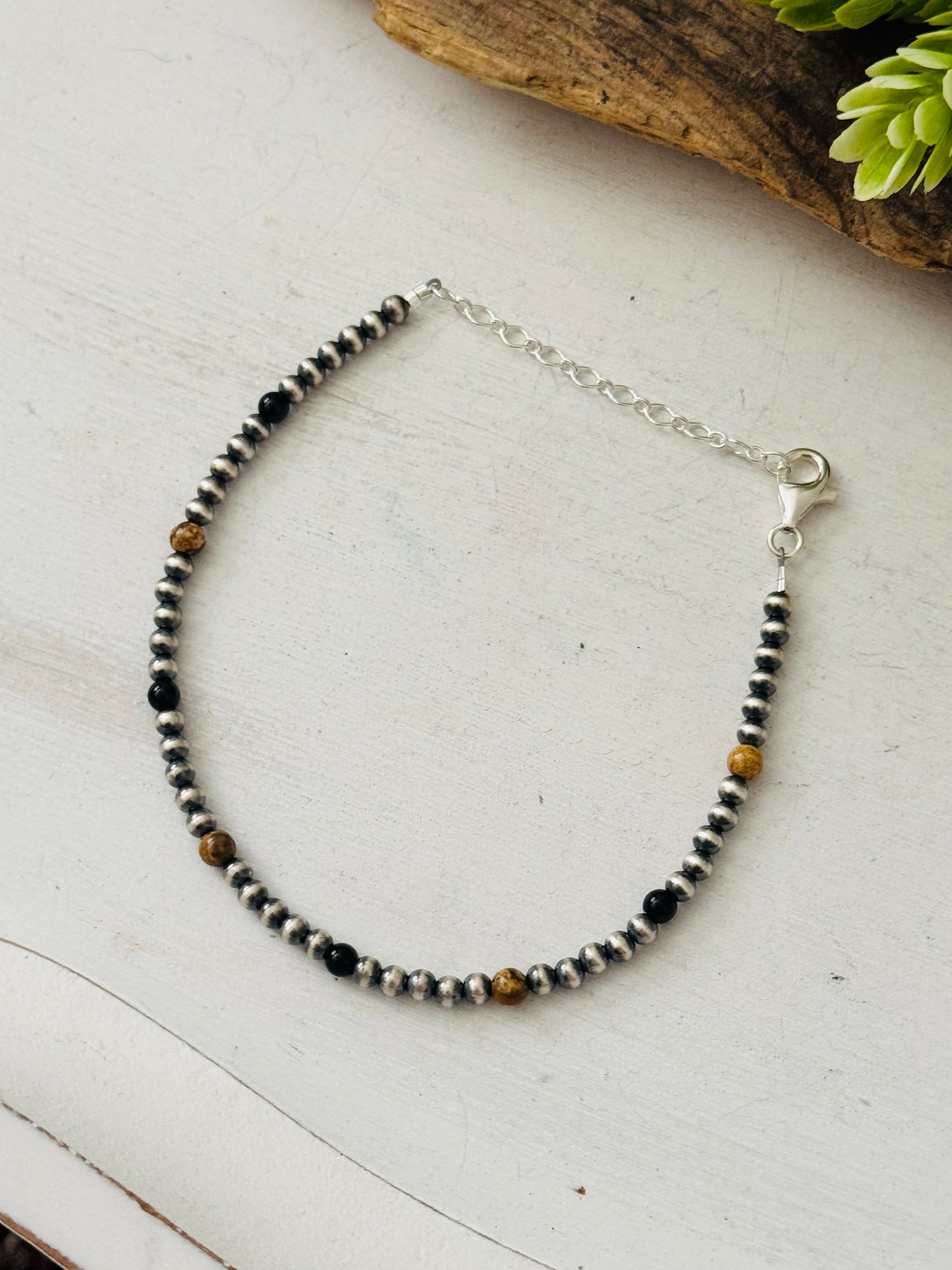 Navajo Made Multi Stone & Sterling Silver Strung Anklet