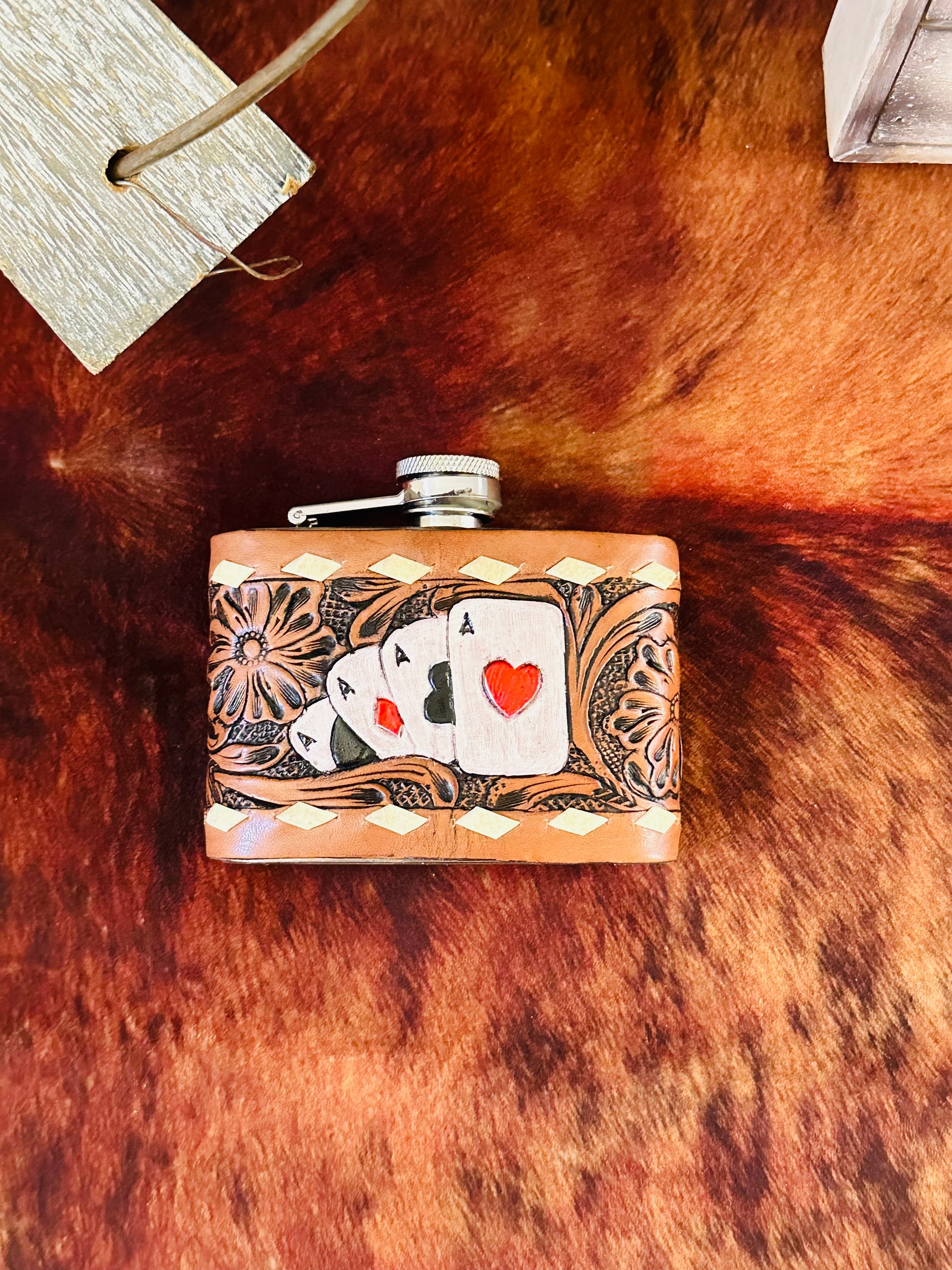 Genuine Tooled Leather 4 oz Flask