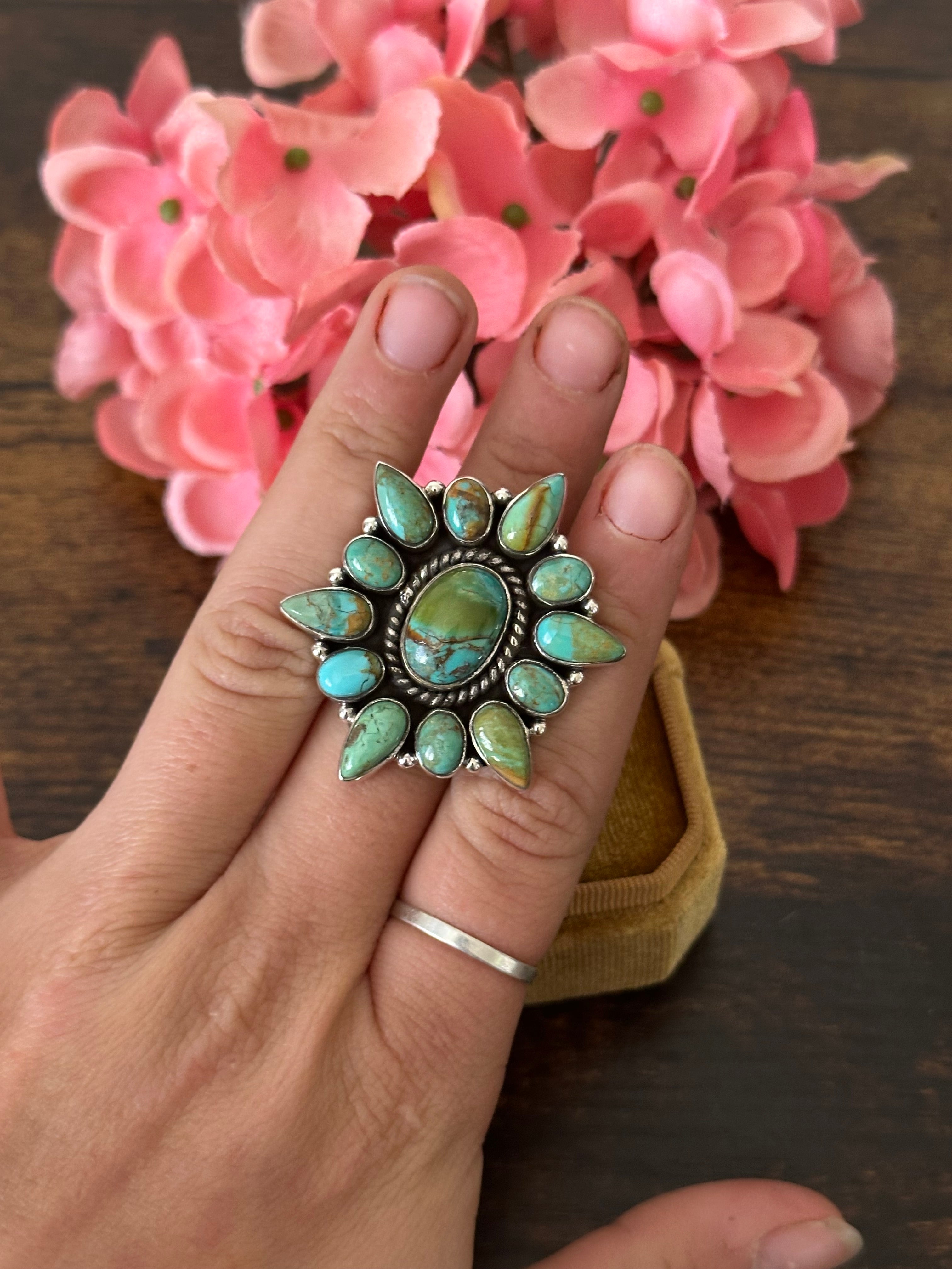 Southwest Handmade Kingman Turquoise & Sterling Silver Cluster Adjustable Ring