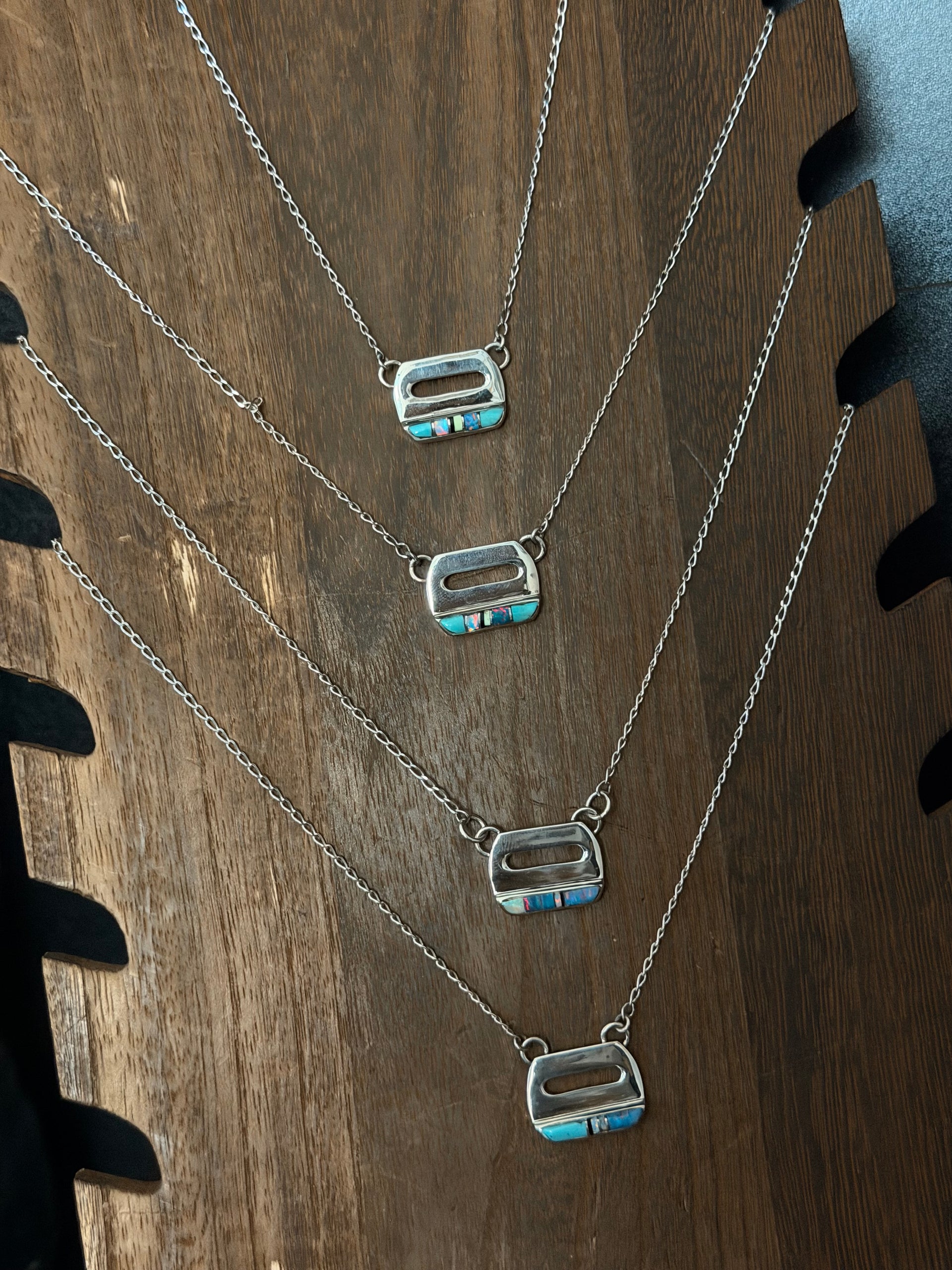 Navajo Made Multi Stone & Sterling Silver Inlay Bar Necklace