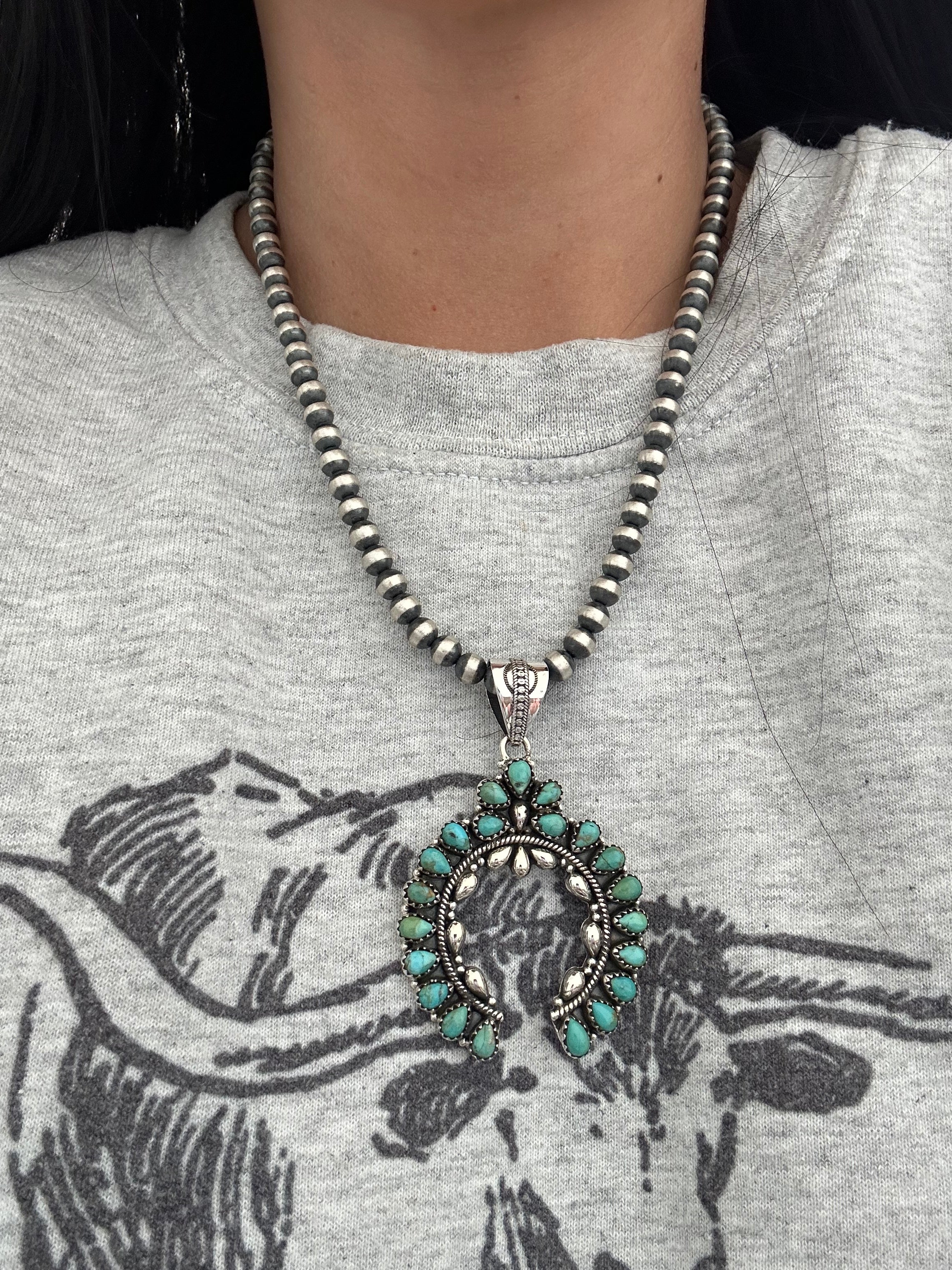 Southwest Handmade Kingman Turquoise & Sterling Silver Cluster Naja Pendant