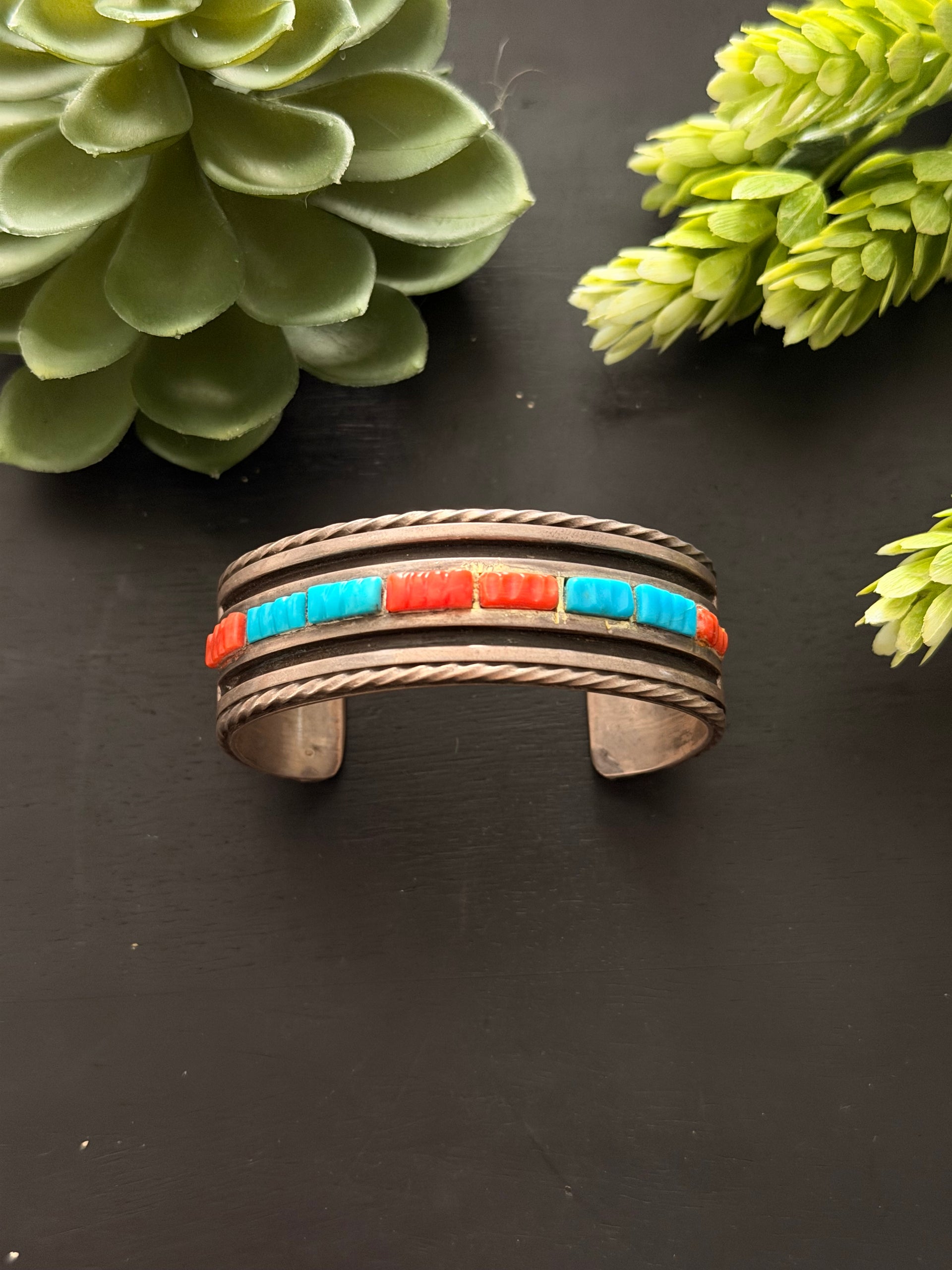 Vintage Navajo Made Multi Stone & Sterling Silver Cobblestone Cuff Bracelet