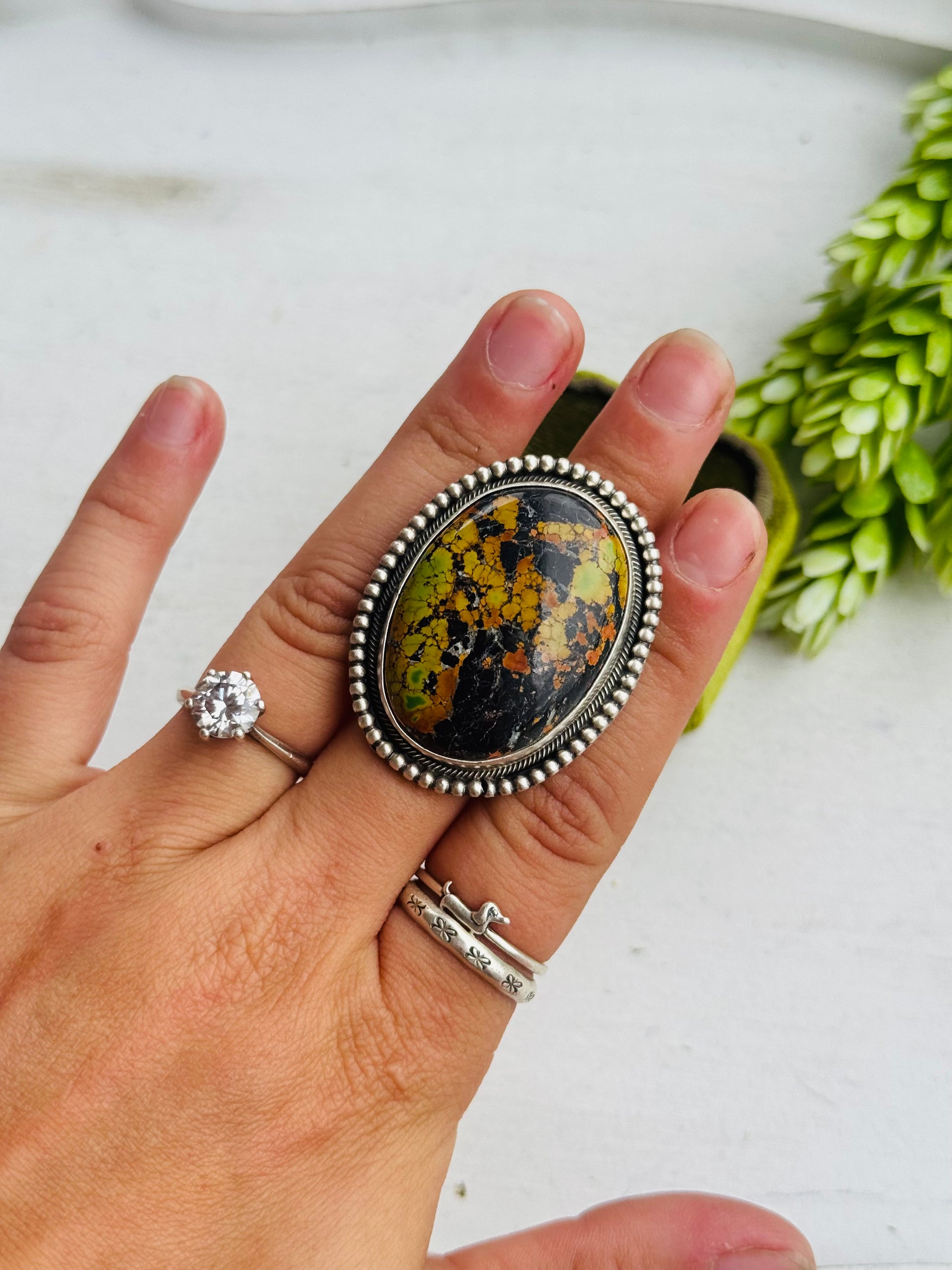 Navajo Made Black Jack Turquoise & Sterling Silver Ring Size 8.5