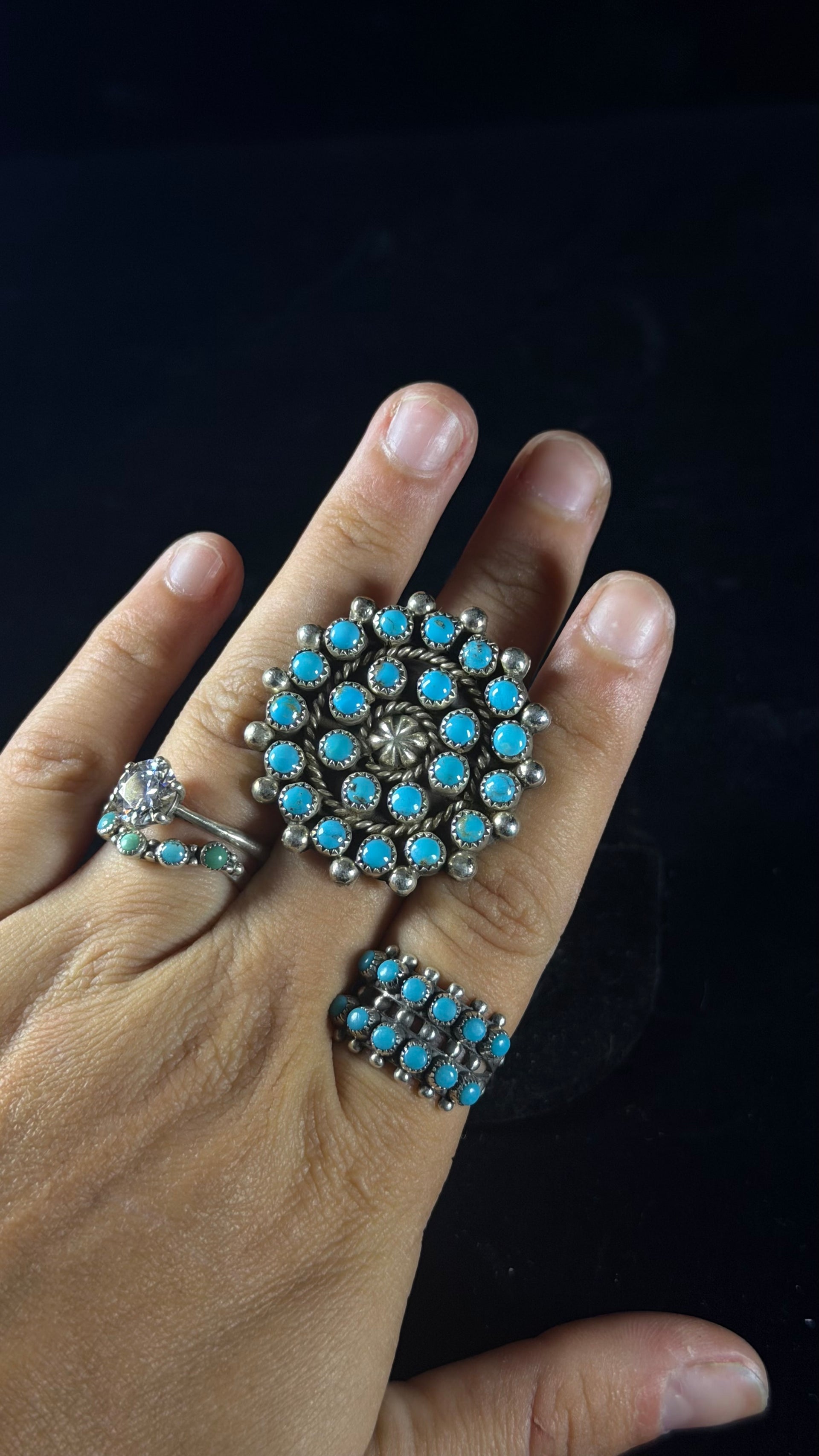 Navajo Made Kingman Turquoise & Sterling Silver Adjustable Cluster Ring