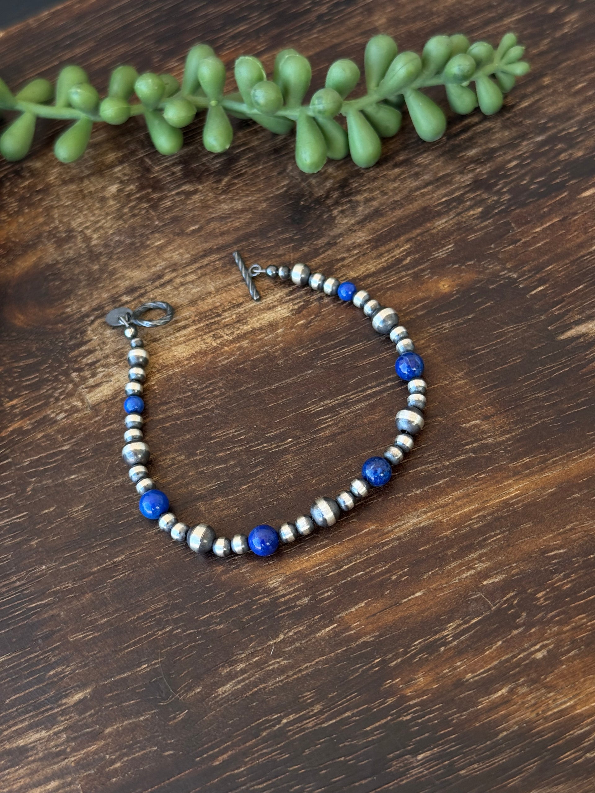 Navajo Made Lapis & Sterling Silver Pearl Bracelet