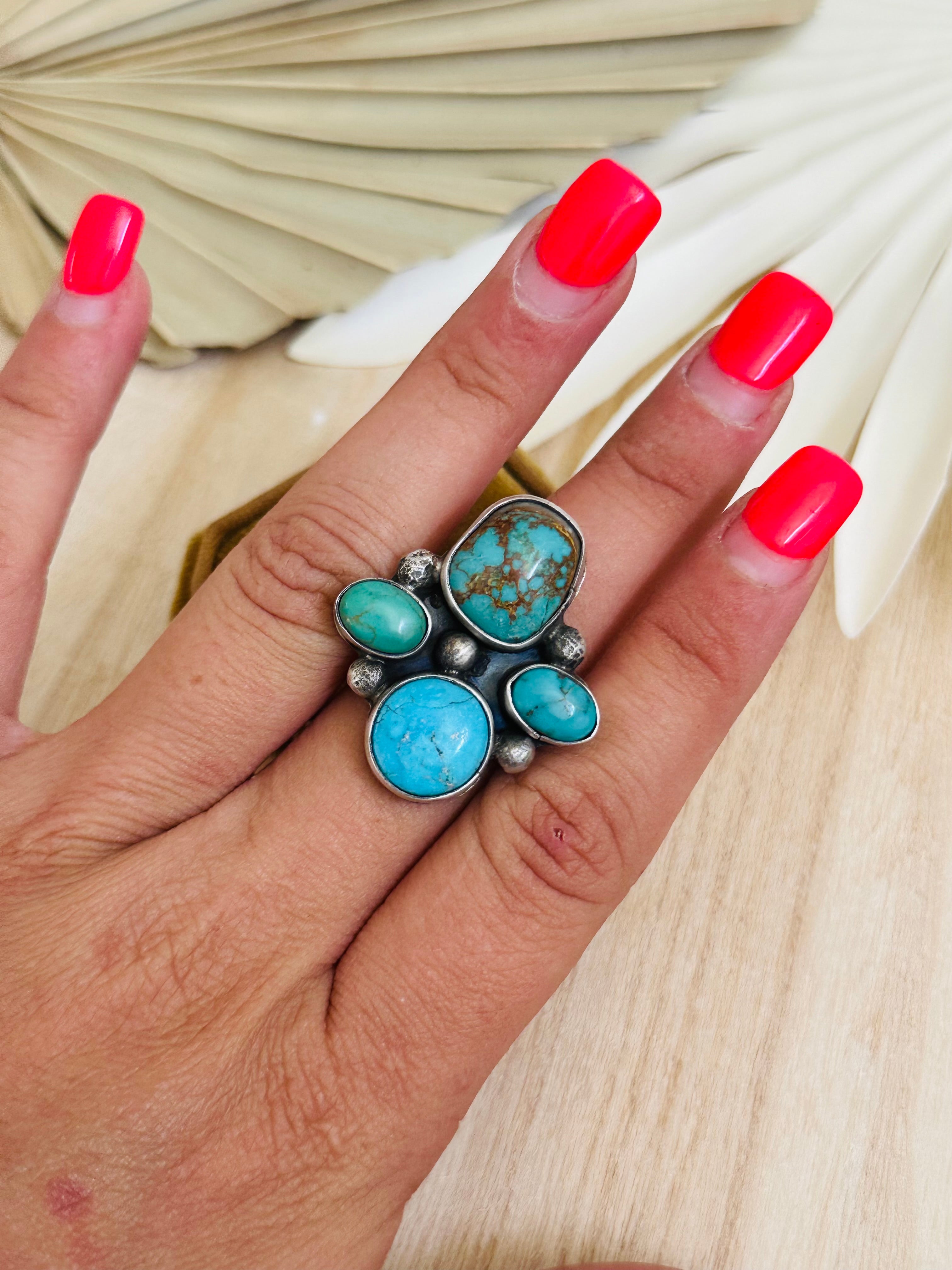 Navajo Made Multi Turquoise & Sterling Silver Adjustable Ring