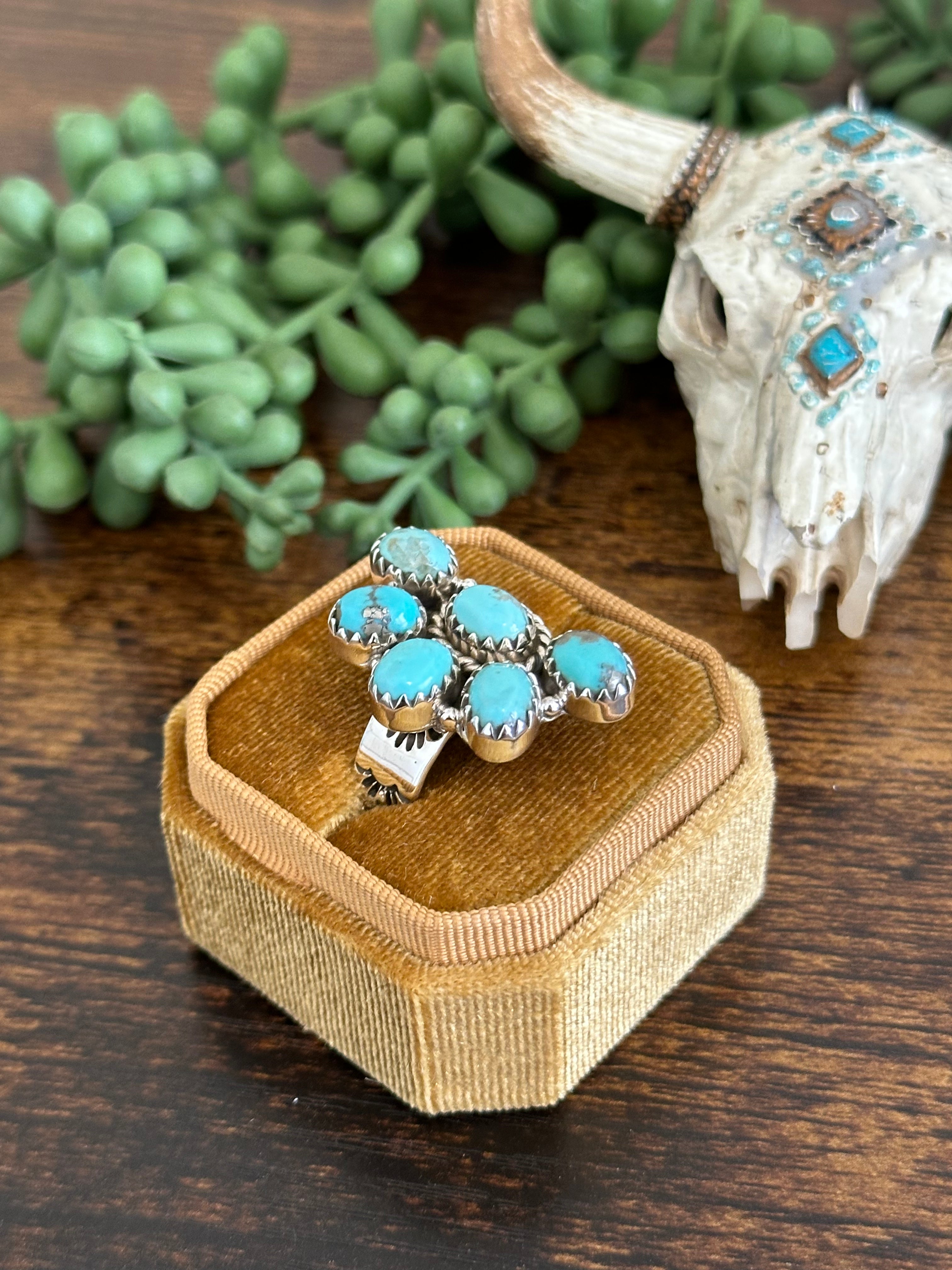 Southwest Handmade Kingman Turquoise & Sterling Silver Adjustable Cluster Ring