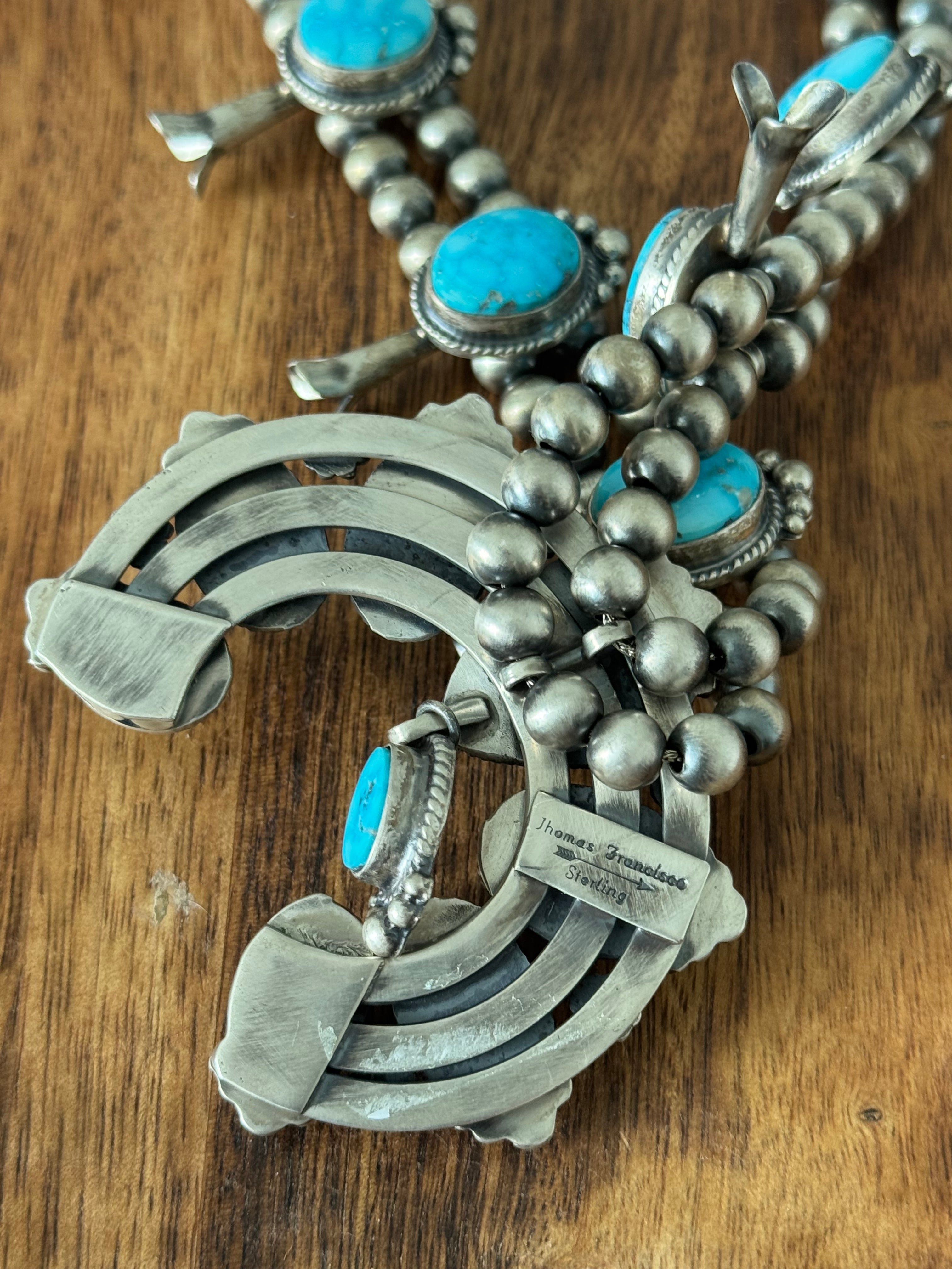 Thomas Francisco Birds Eye Kingman Turquoise & Sterling Silver Squash Blossom Necklace