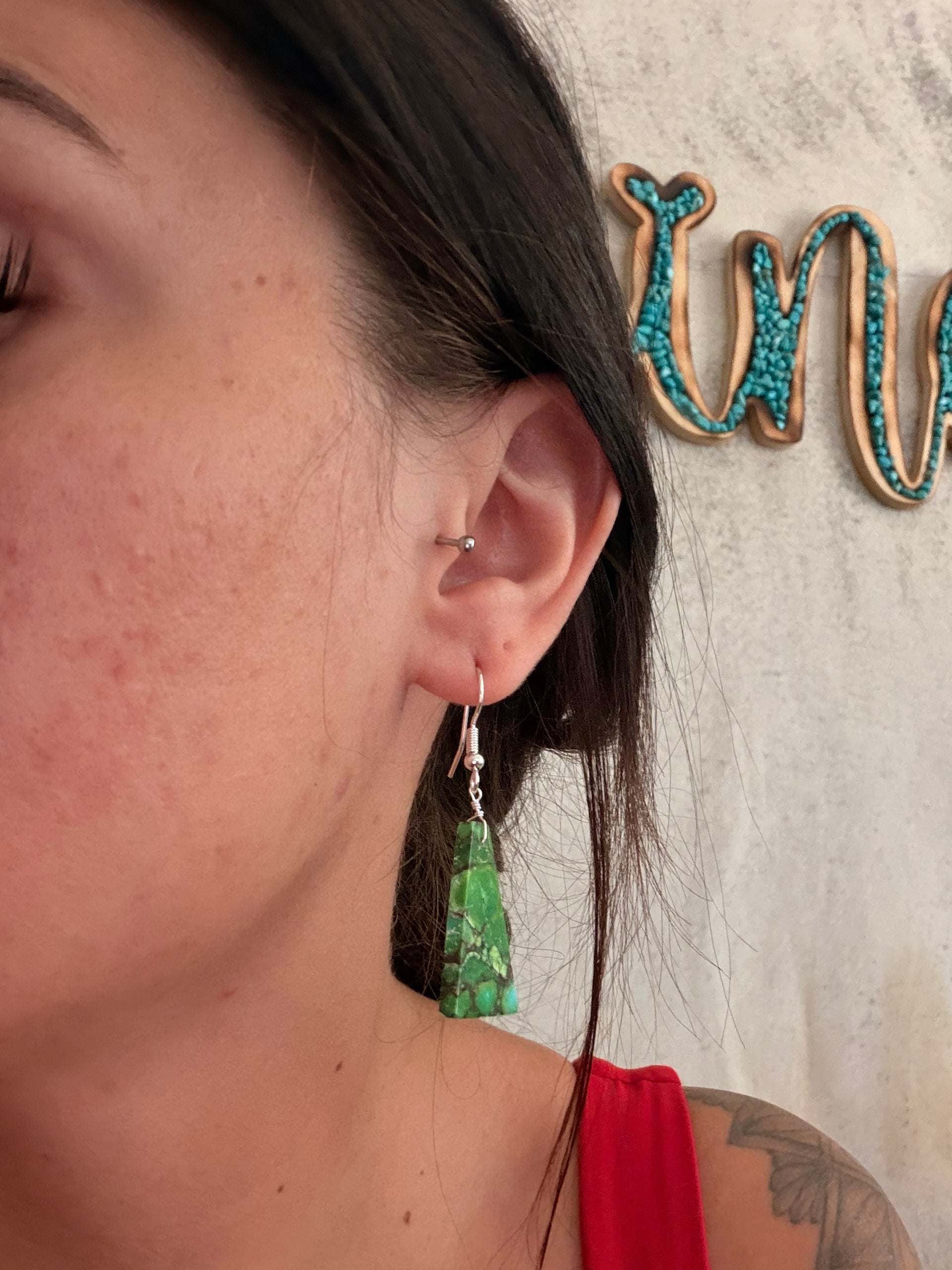 Navajo Made Green Mohave Turquoise & Sterling Silver Slab Dangle Earrings