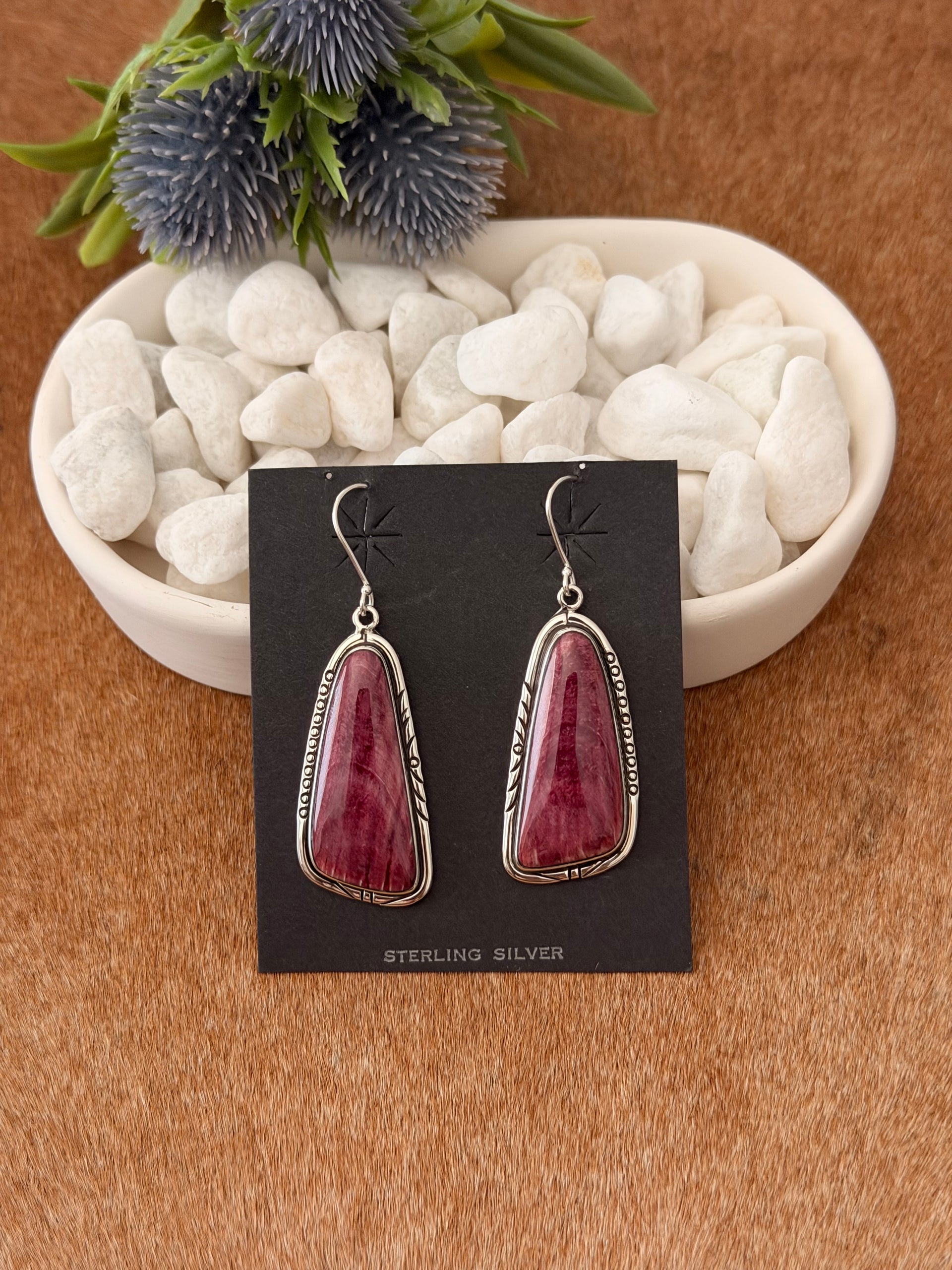 Navajo Made Purple Spiny Oyster & Sterling Silver Dangle Earrings