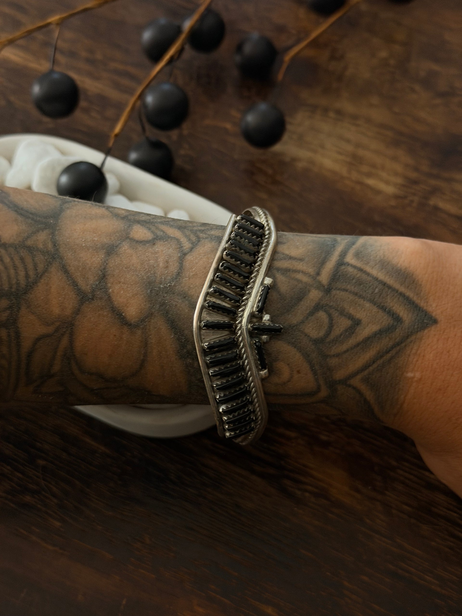 Zuni Made Onyx & Sterling Silver Cuff Bracelet
