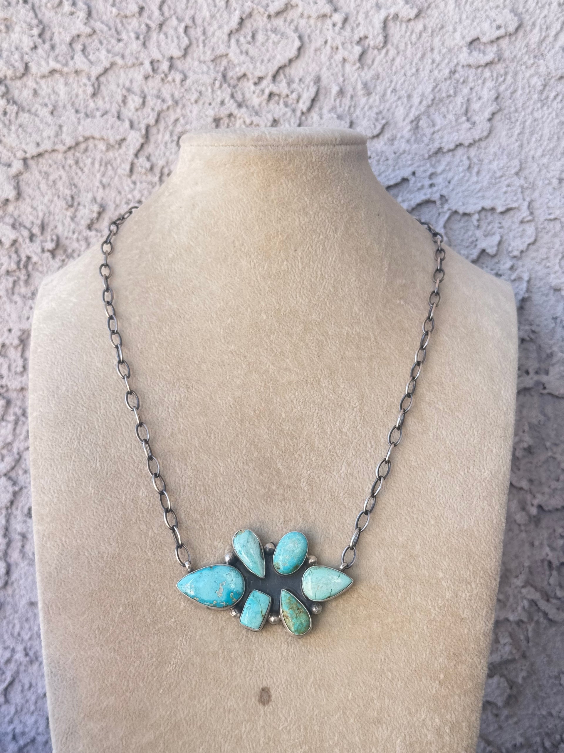 Navajo Made Mixed Turquoise & Sterling Sliver Cluster Necklace