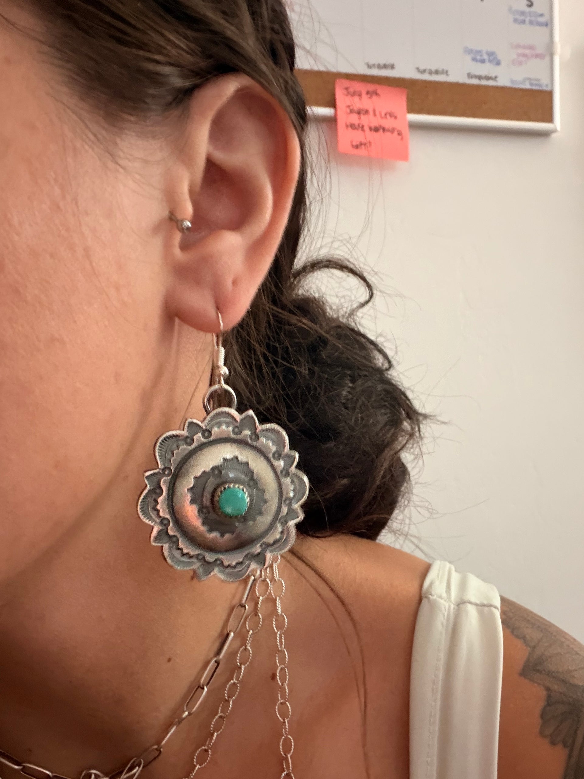 Navajo Made Kingman Turquoise & Sterling Silver Dangle Concho Earrings