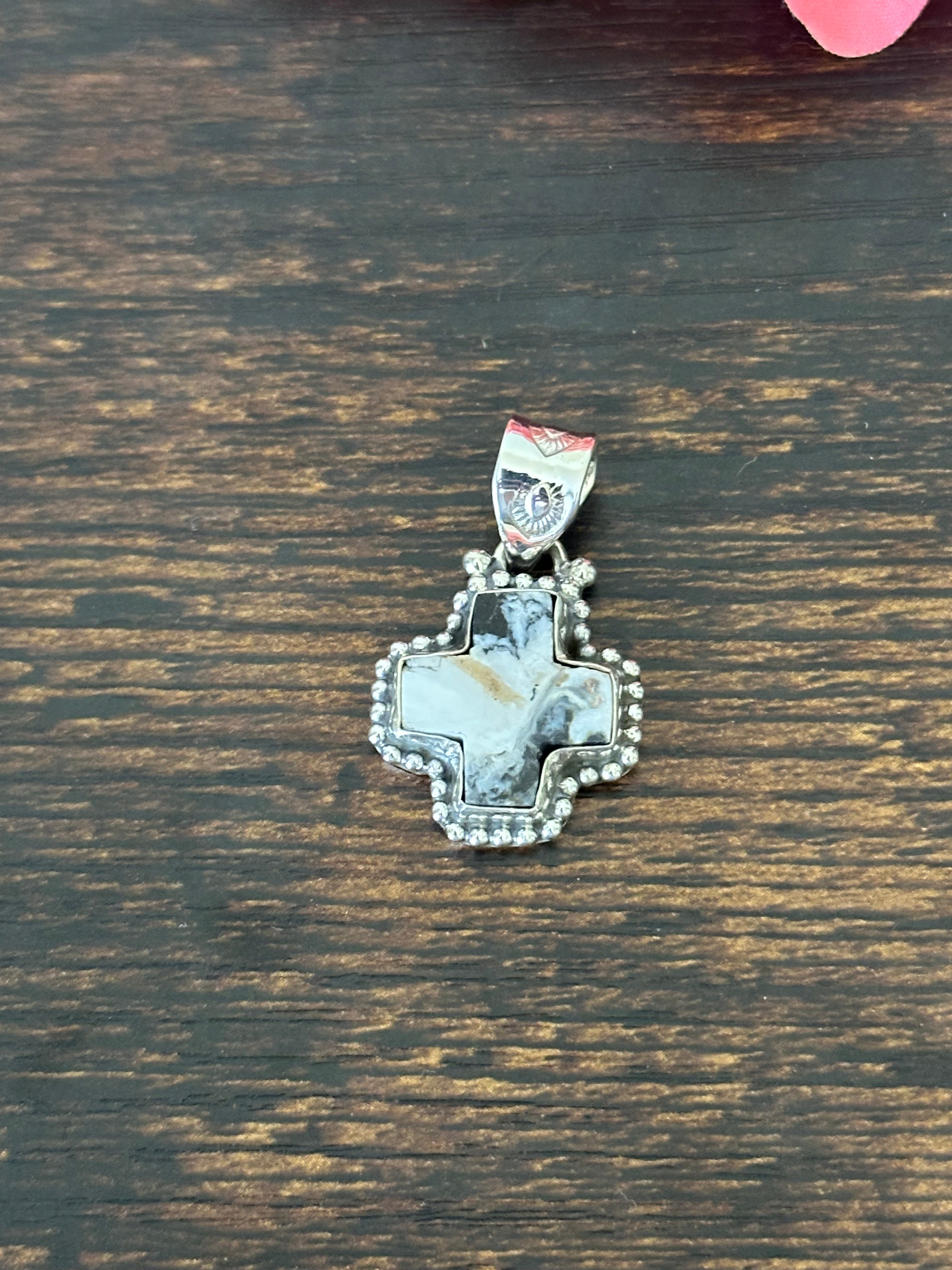 Southwest Handmade White Buffalo & Sterling Silver Cross Pendant