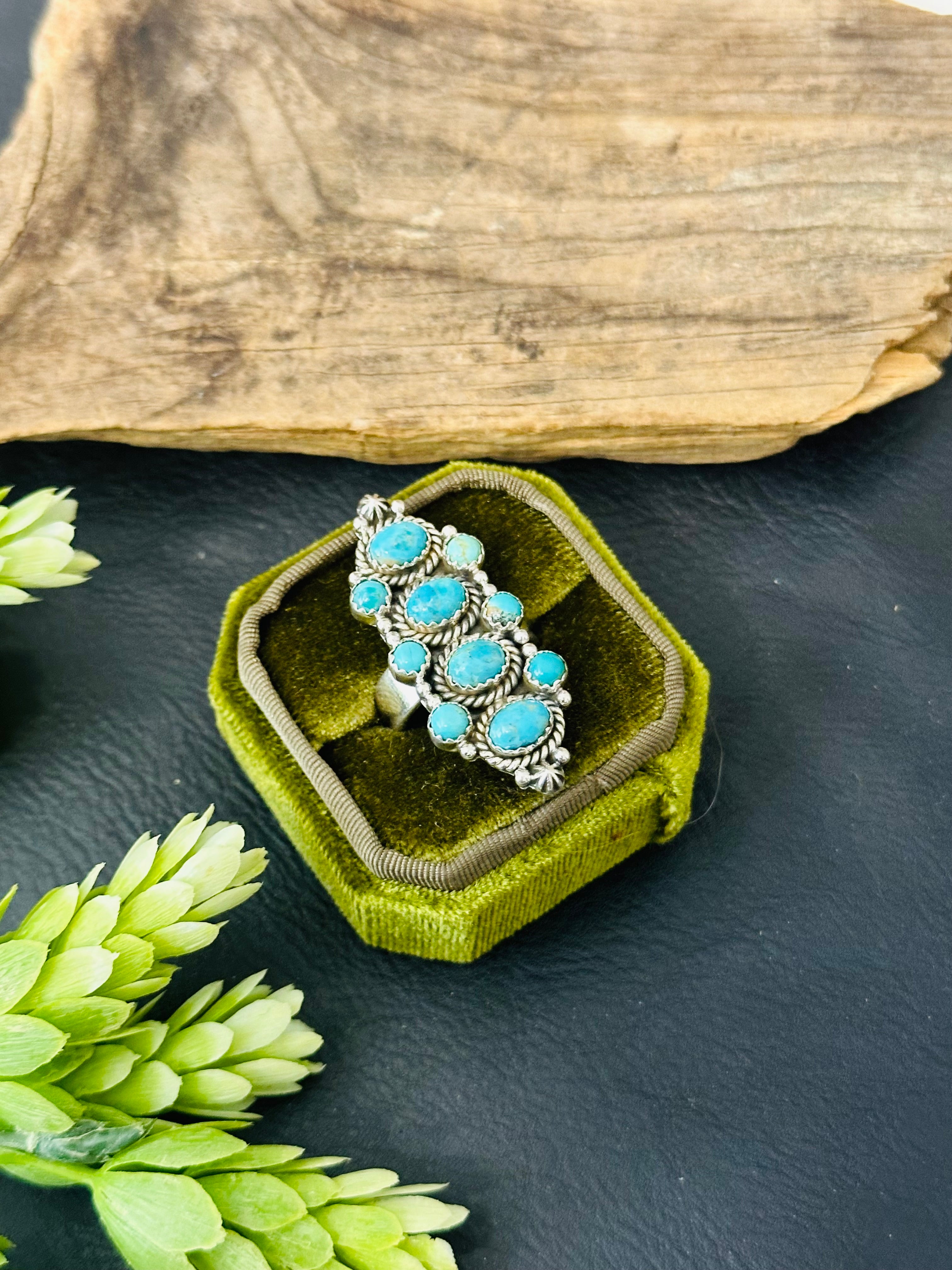 Southwest Handmade Kingman Turquoise & Sterling Silver Adjustable Cluster Ring