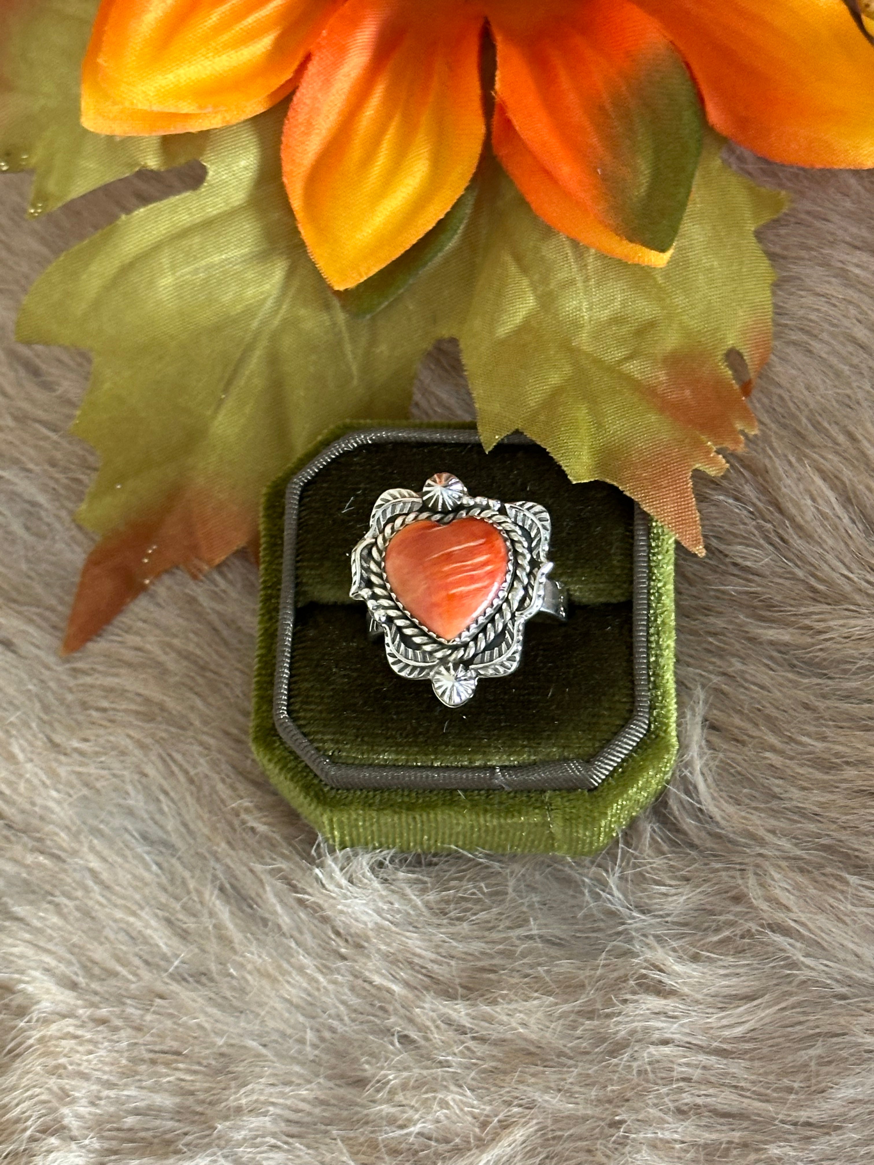 Southwest Handmade Spiny Oyster & Sterling Silver Adjustable Heart Ring