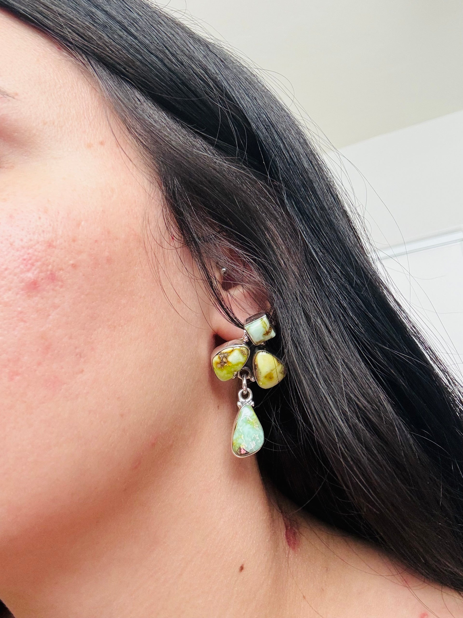 Southwest Handmade Palomino Variscite & Sterling Silver Post Dangle Earrings